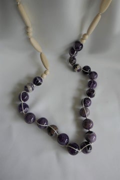 Dog Tooth Amethyst Wood Long Gemstone Necklace