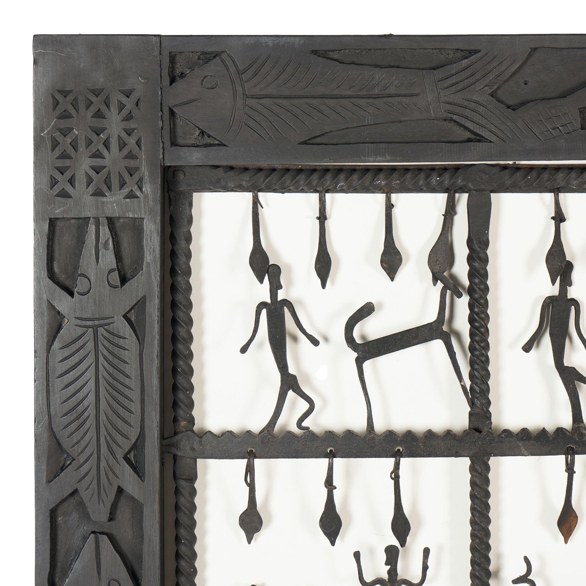 20th Century Dogon tribal hand forged rope twist iron window pane grill with figures, 1900-25 For Sale