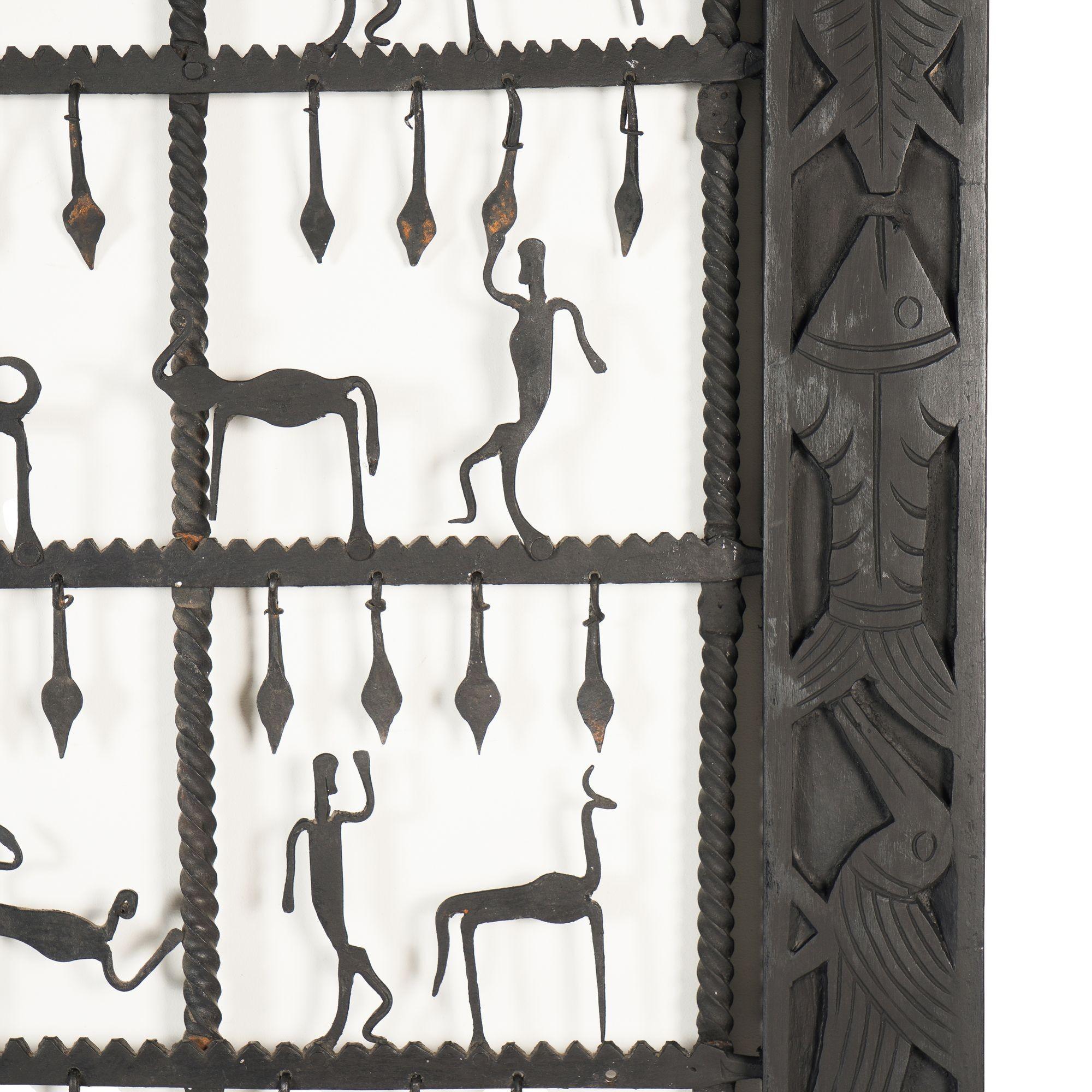 Dogon tribal hand forged rope twist iron window pane grill with figures, 1900-25 For Sale 1