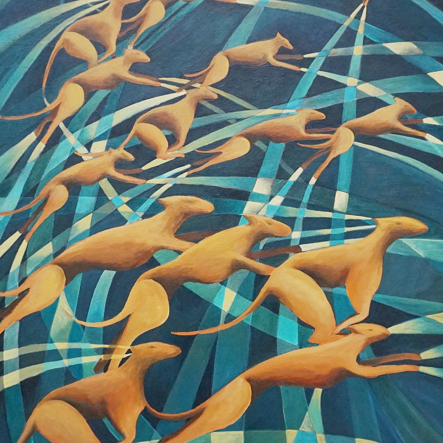 An Art Deco Style Contemporary painting by Vera Jefferson depicting a Dogs running across an abstract background. Signed V Jefferson to lower right. 

Vera Jefferson trained at Goldsmiths College, London and went on to teach Art to students with