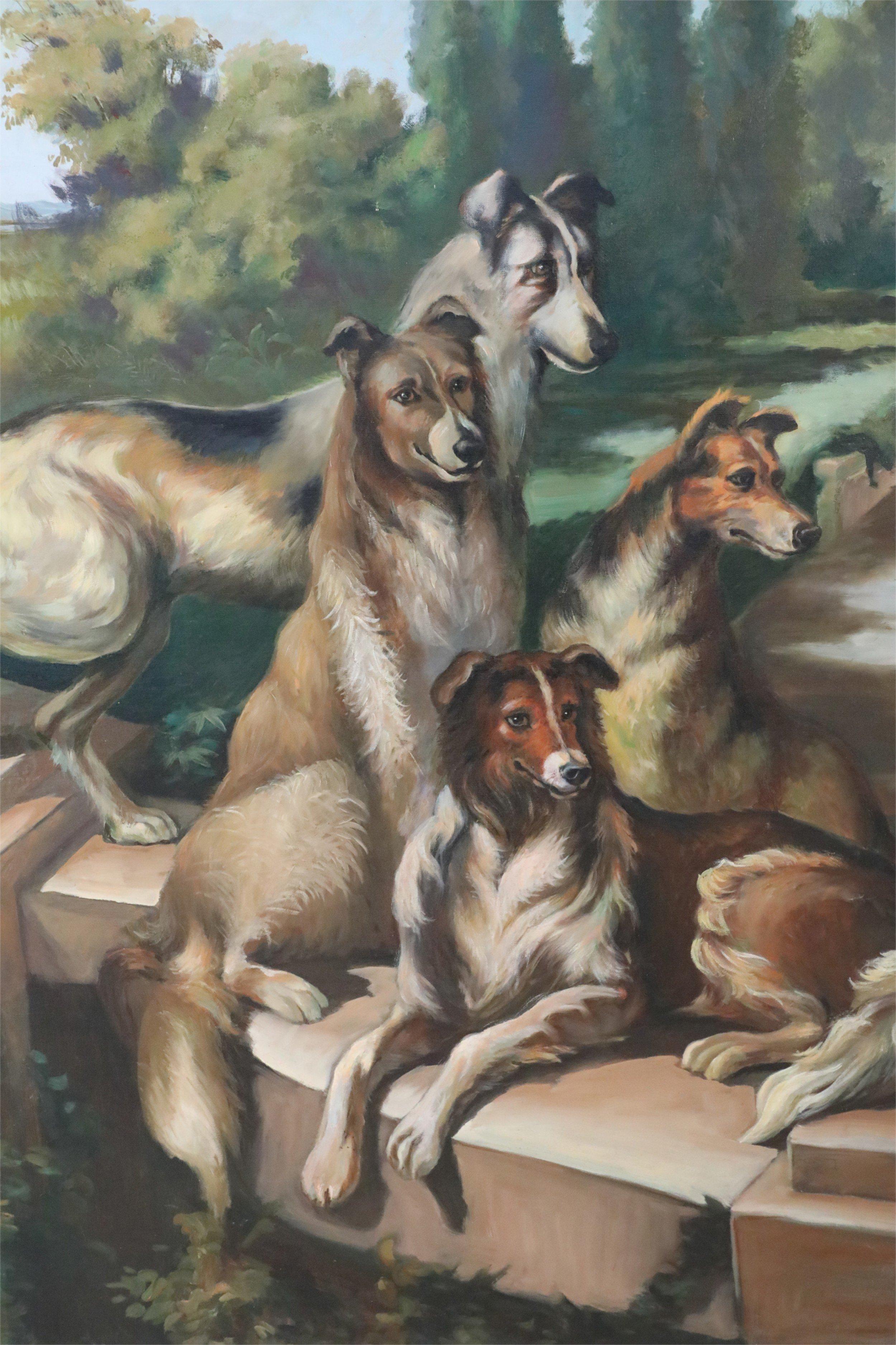 Portrait d'époque (20e siècle) de quatre chiens majestueux dans différentes positions sur des marches de couleur grès menant à une allée qui serpente à travers une pelouse verte et des arbres, sur une toile rectangulaire non encadrée.