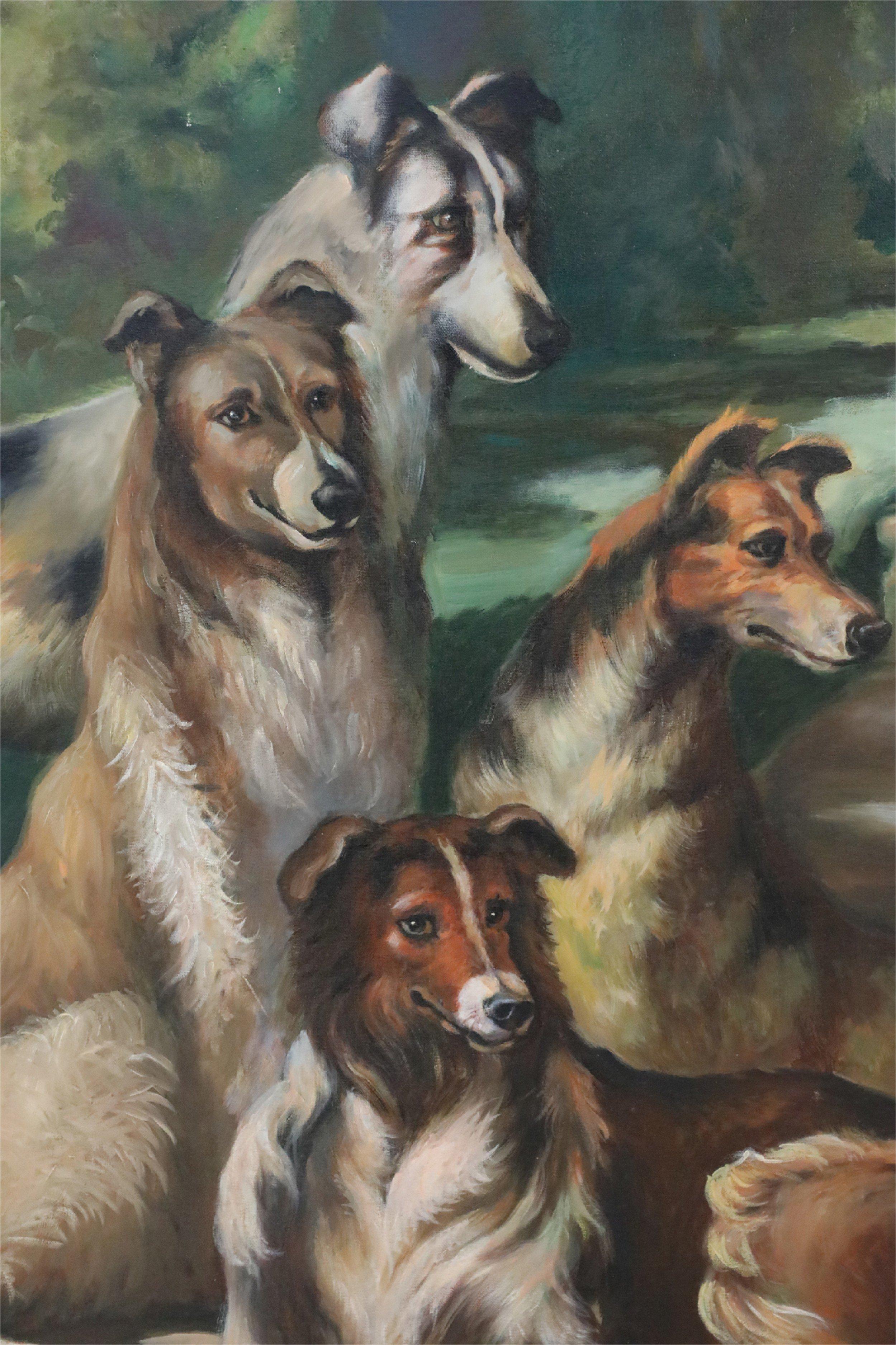 Ritratto d'epoca (20° secolo) di quattro cani signorili in varie posizioni su gradini color arenaria che conducono a una passerella che si snoda attraverso un prato verde e alberi, su tela rettangolare senza cornice.

La tela è un po' allentata sul