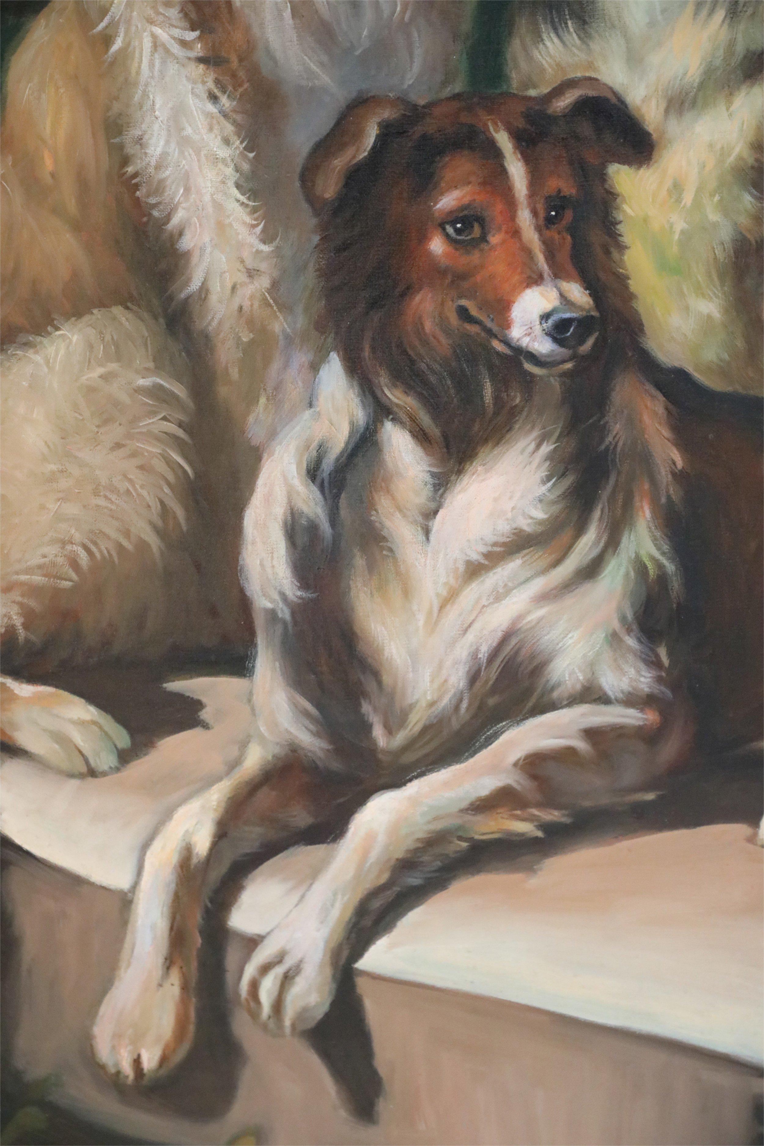 Américain Peinture à l'huile sur toile - Portrait de chiens réunis sur des marches en vente