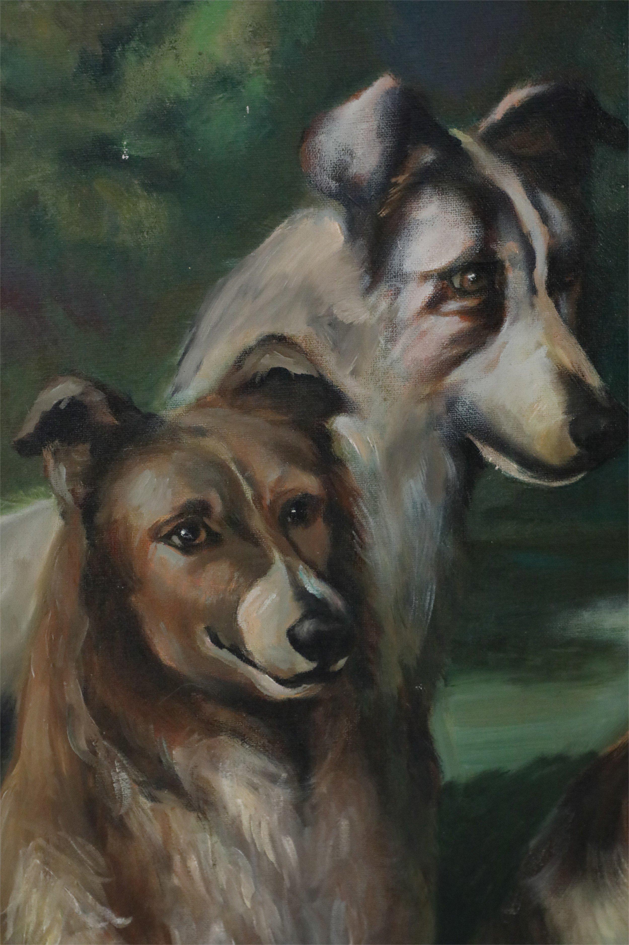 20ième siècle Peinture à l'huile sur toile - Portrait de chiens réunis sur des marches en vente