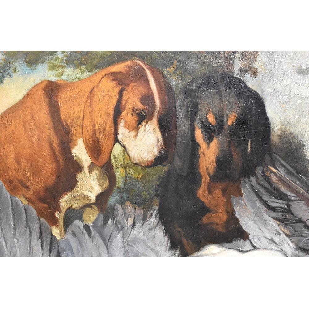 Hundeporträtgemälde, zwei Jagdhunde, Ölgemälde auf Holz, 19. Jahrhundert. (Louis Philippe) im Angebot