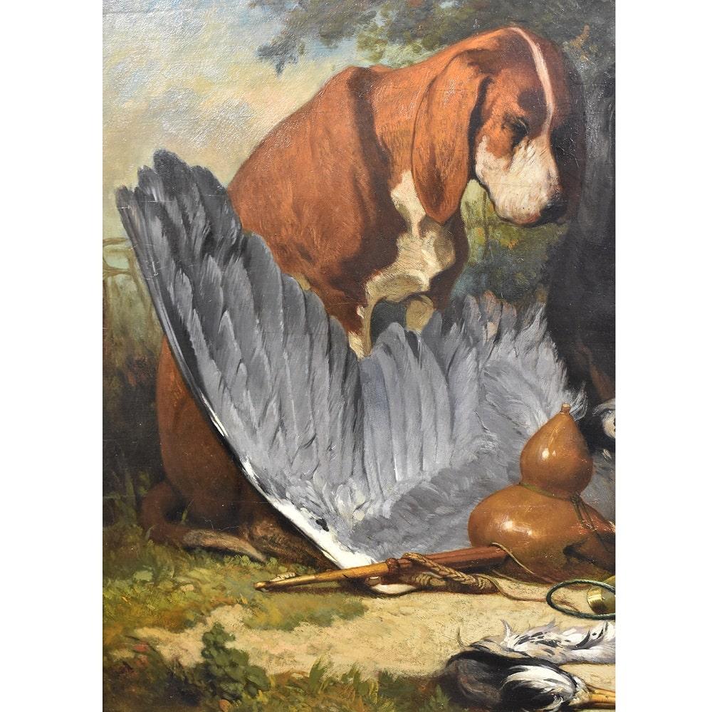 Hundeporträtgemälde, zwei Jagdhunde, Ölgemälde auf Holz, 19. Jahrhundert. (Französisch) im Angebot