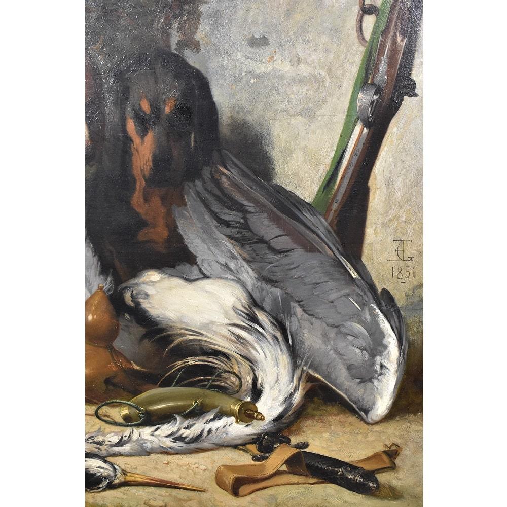 French Dogs Portrait Painting, Two Hunting Dogs, Oil Painting On Wood, 19th Century. For Sale