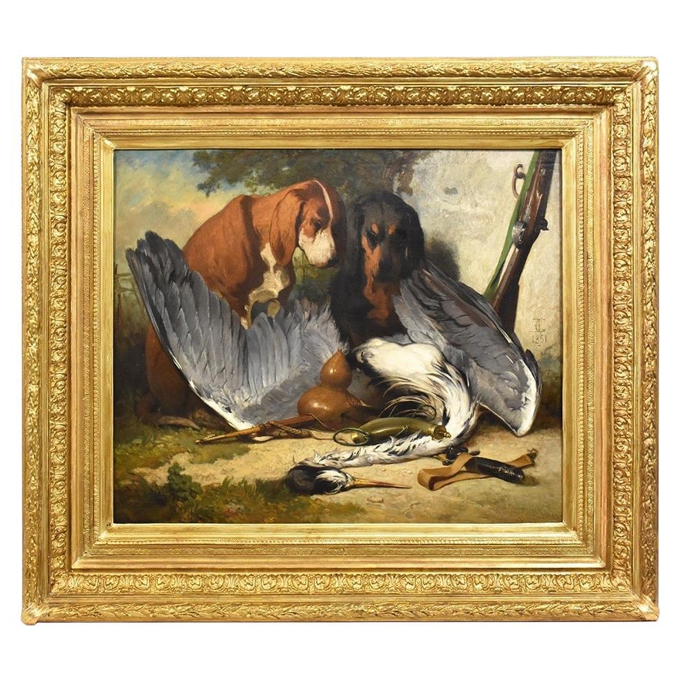 Peinture de portrait de chiens, deux chiens de chasse, peinture à l'huile sur bois, XIXe siècle. en vente