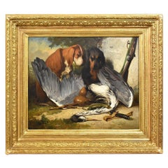 Antique Dogs Portrait Painting, Two Hunting Dogs, Oil Painting On Wood, 19th Century.