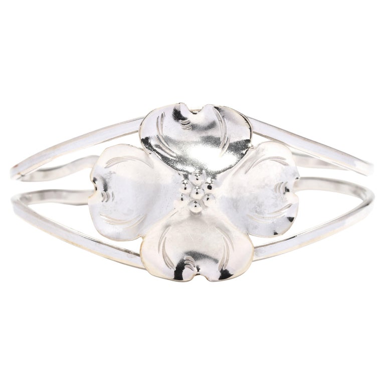 Dogwood Flower Cuff Bracelet, Sterling Silver, Adjustable For Sale at