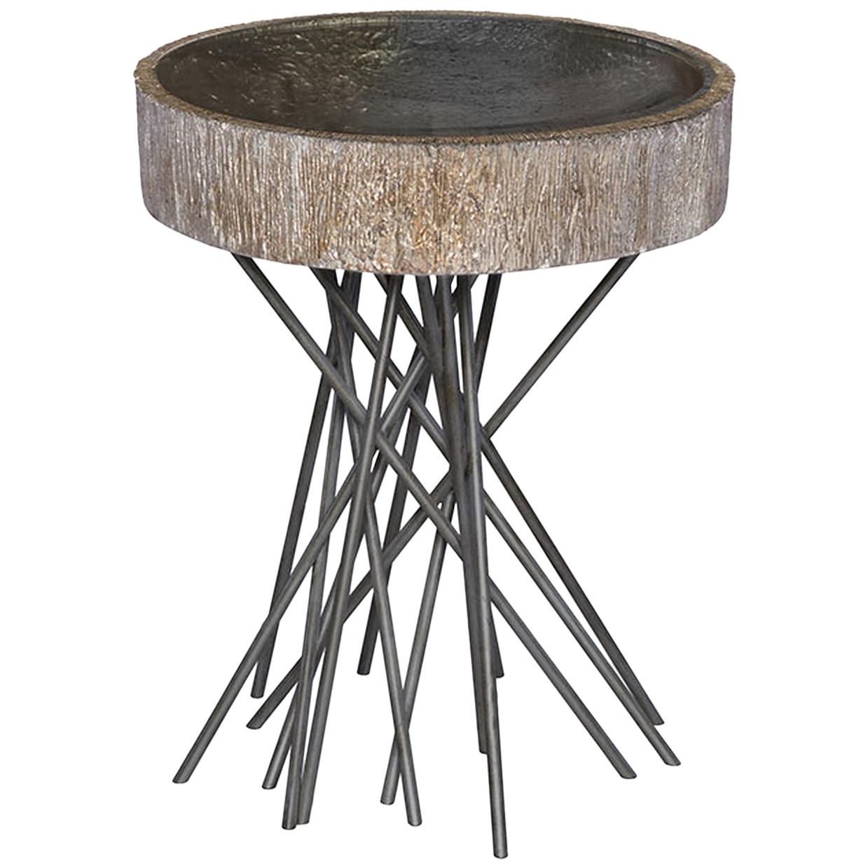 Doheny Round Accent Table I in Aged Silver Leaf by Innova Luxuxy Group For Sale