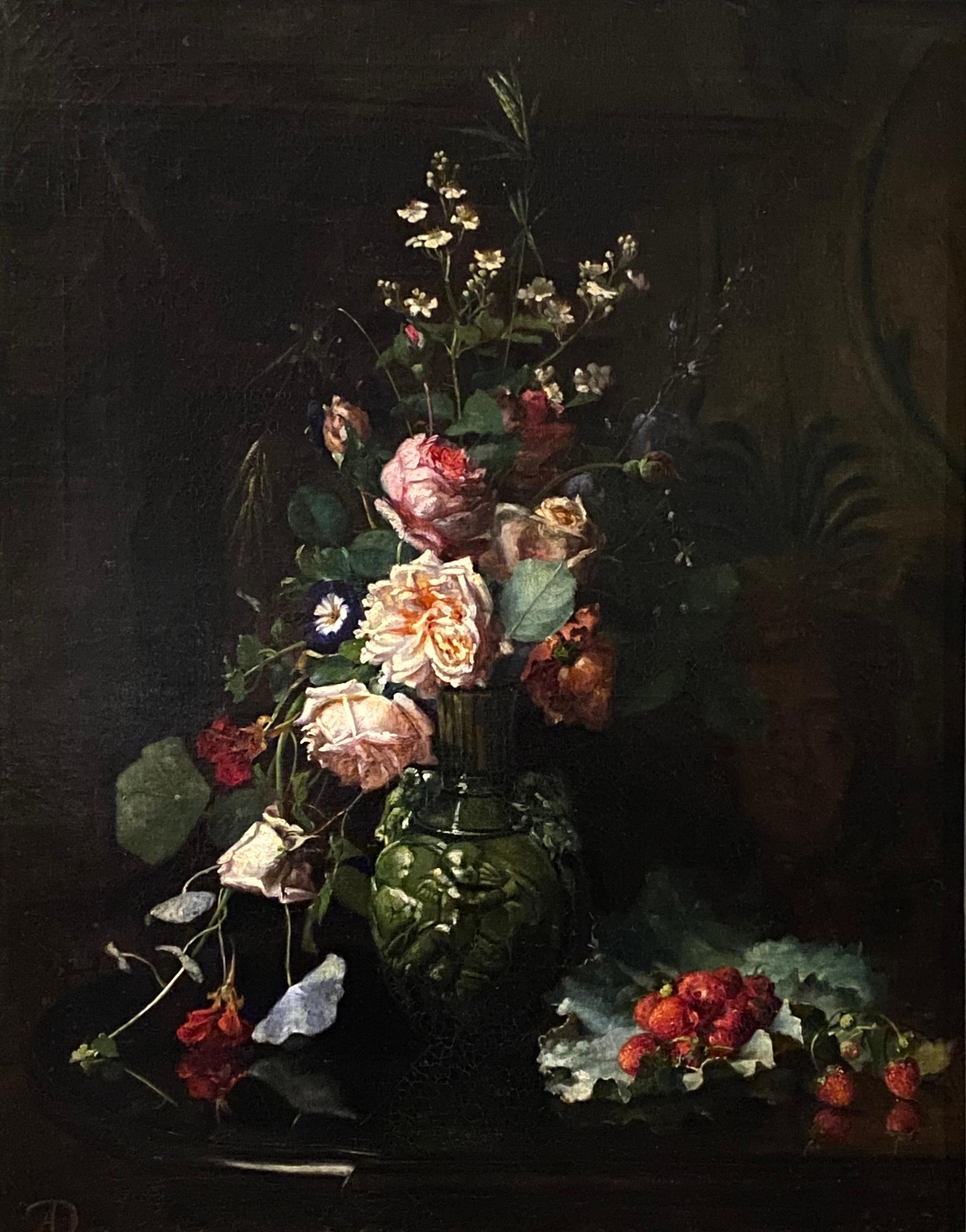 Stillleben mit Blumen und verstecktem Porträt, Augusta Dohlmann, 1847 - 1914 – Painting von Dohlmann Augusta Johanne Henriette