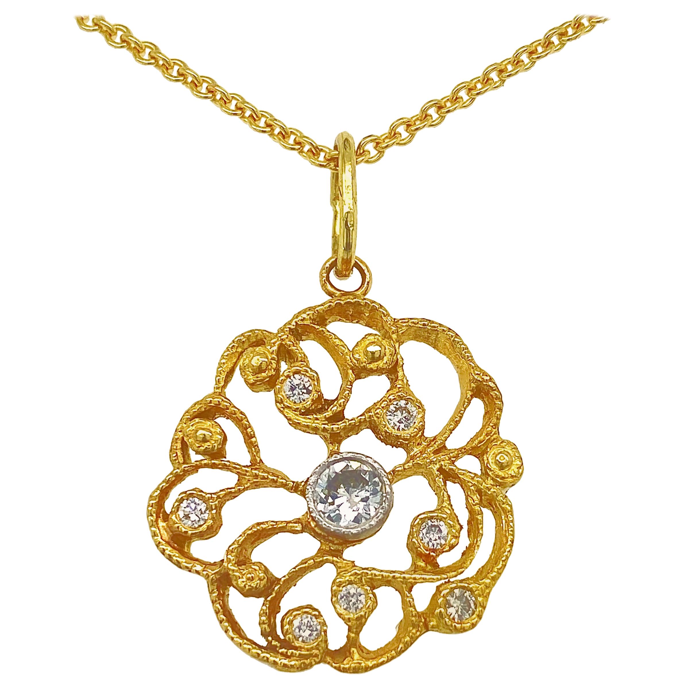 "Doily" 0.15 Carat Diamond Rondelle Pendant with Chain, All in 18 Karat Gold For Sale