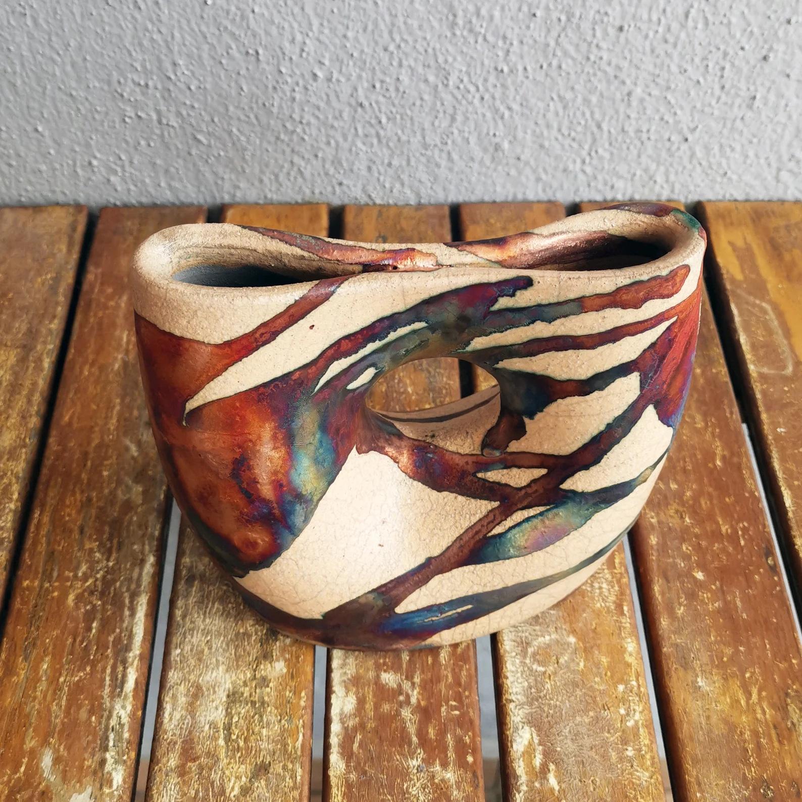 Modern Dokutsu Raku Fired Pottery Vase, Half Copper Matte- Handmade Ceramic Home Decor For Sale