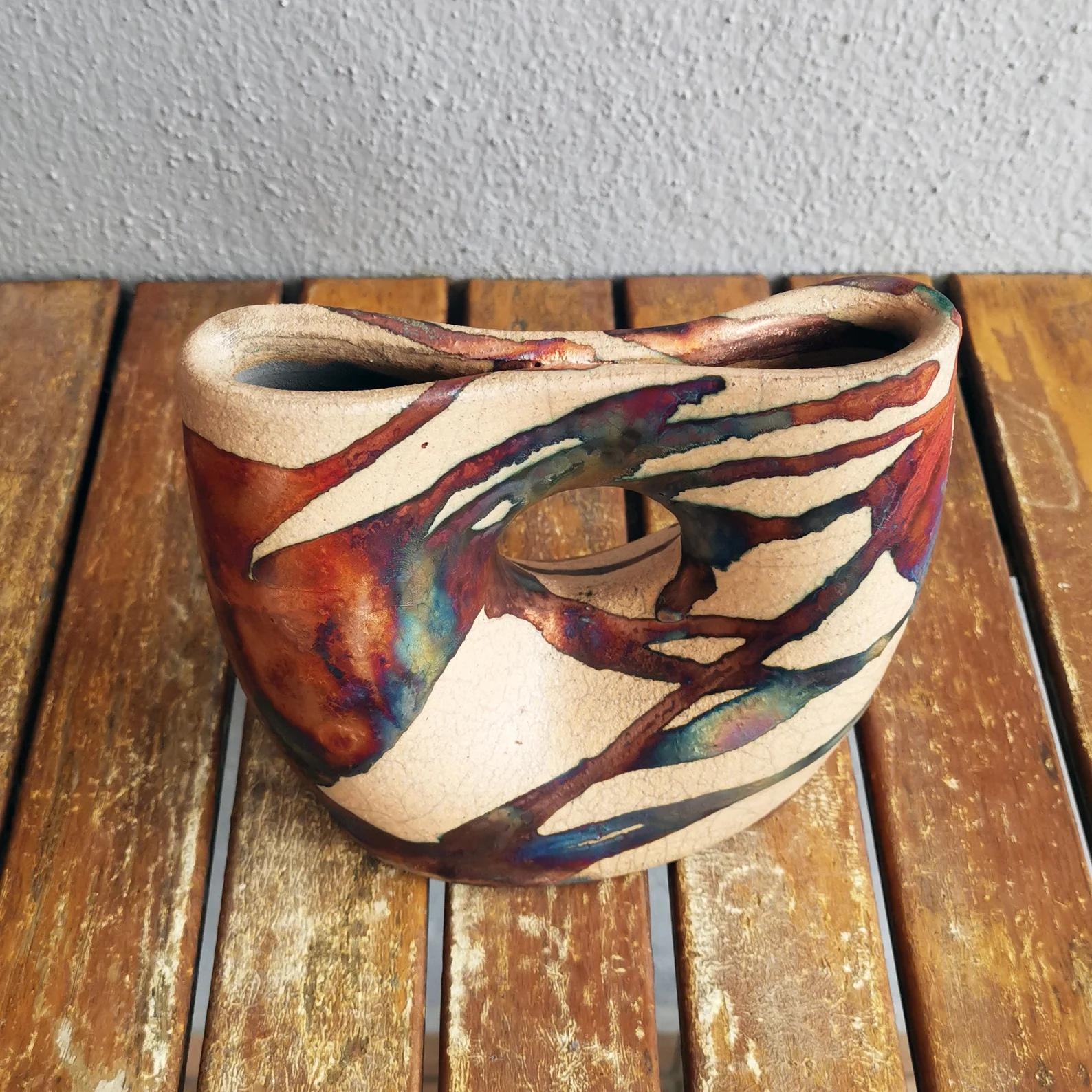 Dokutsu Raku-Vase aus geflammter Keramik, halber Kupfer, matt, handgefertigt (Moderne) im Angebot