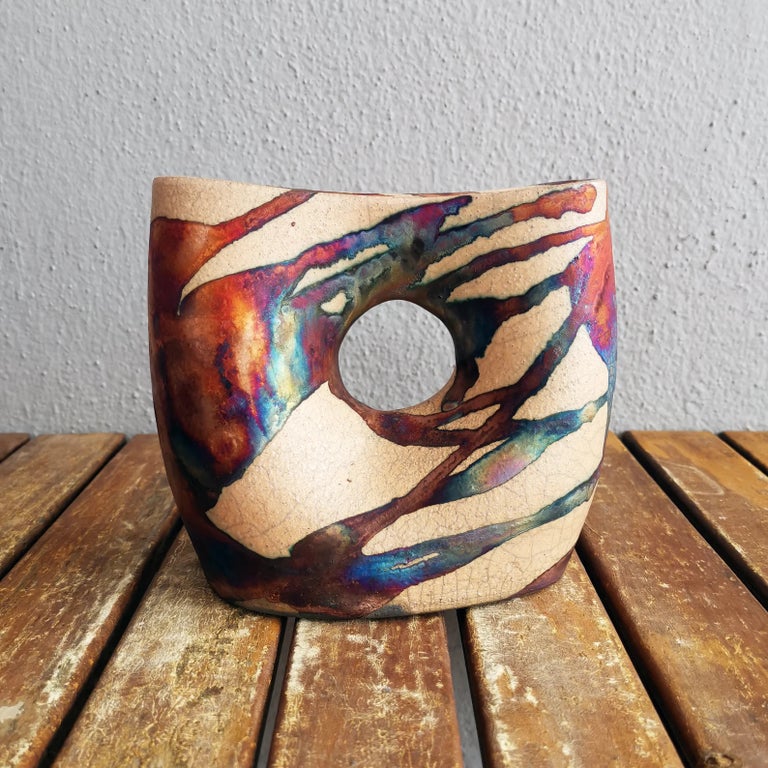 Dokutsu Raku-Vase aus geflammter Keramik, halber Kupfer, matt ...