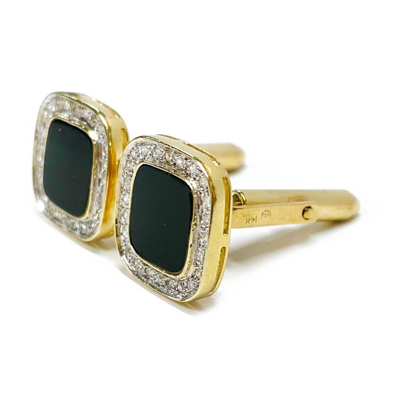 14K Yellow gold Square Onyx Diamond Dolan Bullock Cufflinks. Each cufflink features a bezel-set 10mm buff top Onyx with twenty-five round single-cut 1.2mm diamonds pave-set in white gold. The total carat weight of the fifty diamonds is 0.38ctw. The