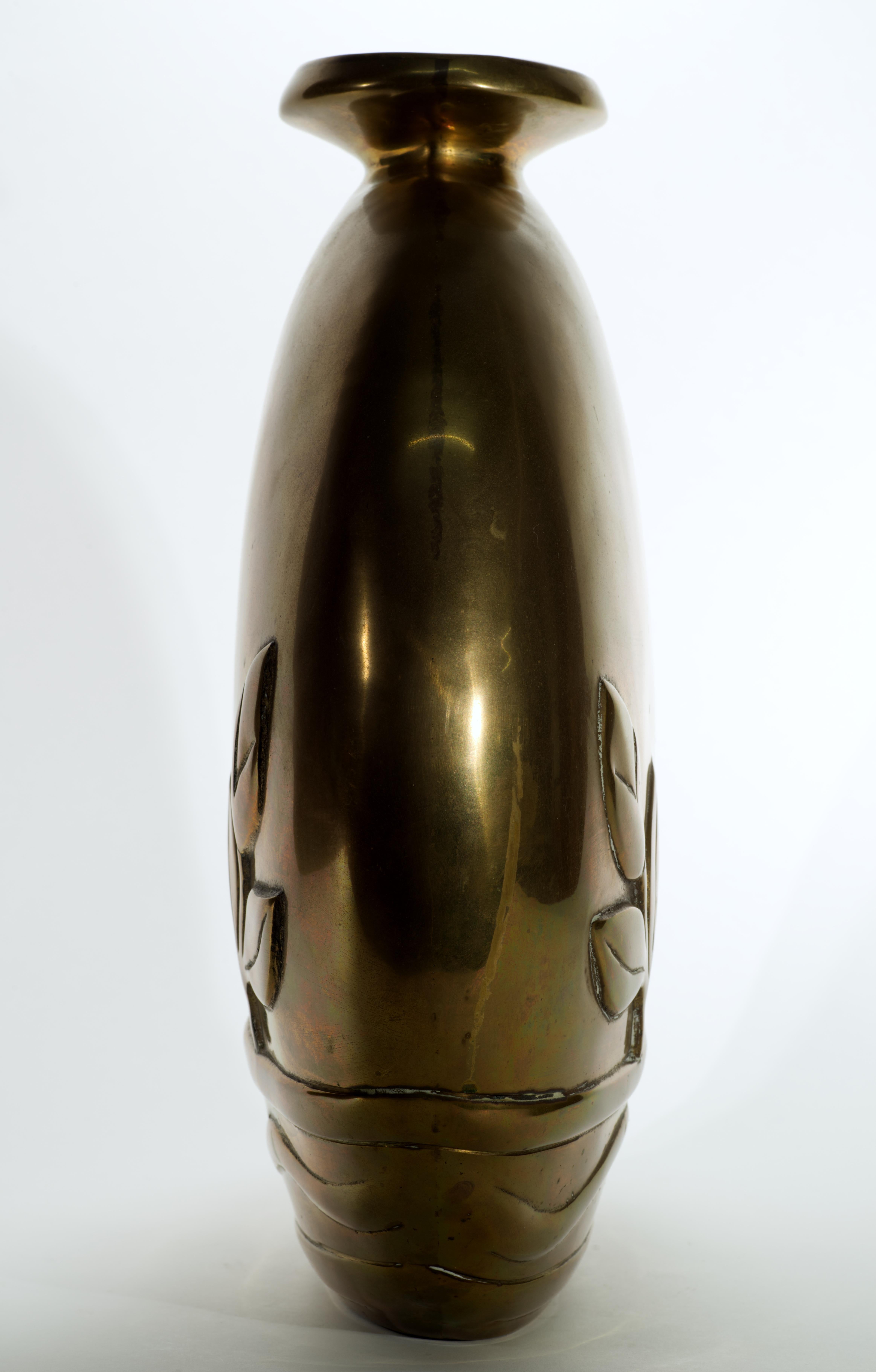 Dolbi Cashier Large Art Deco Brass Vase with Floral Decor, 1980 For Sale 5