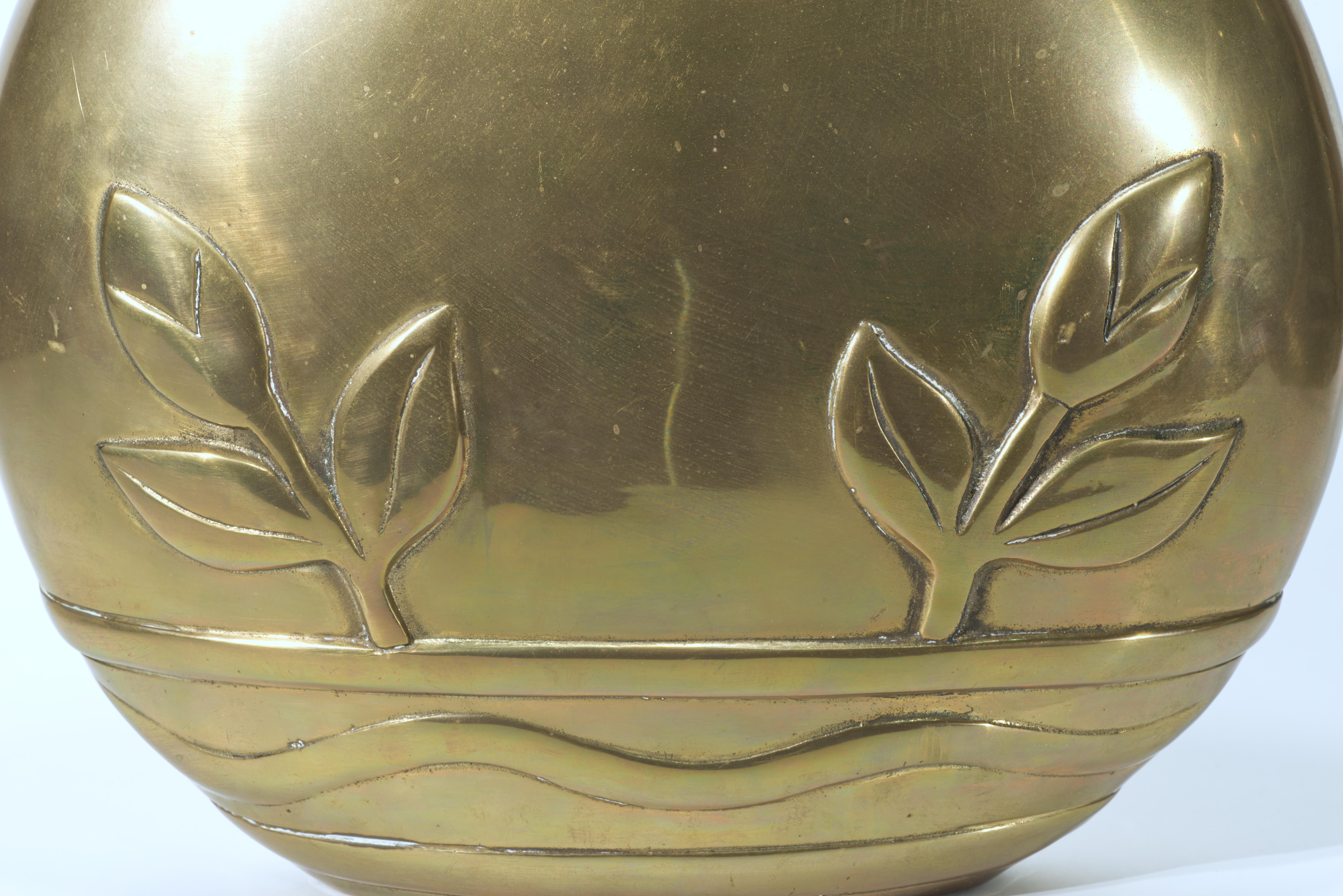 Korean Dolbi Cashier Large Art Deco Brass Vase with Floral Decor, 1980 For Sale