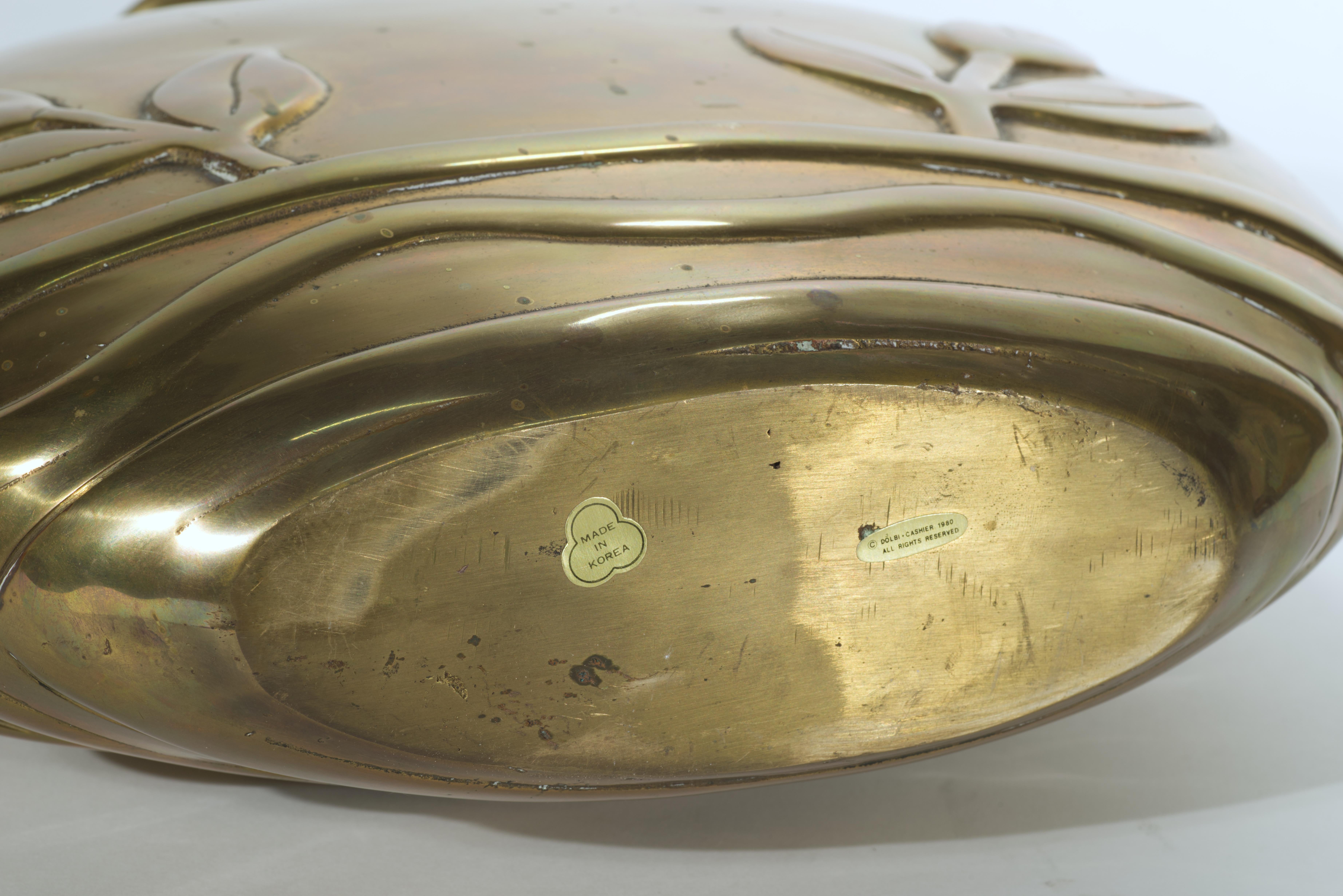 Dolbi Cashier Large Art Deco Brass Vase with Floral Decor, 1980 For Sale 2