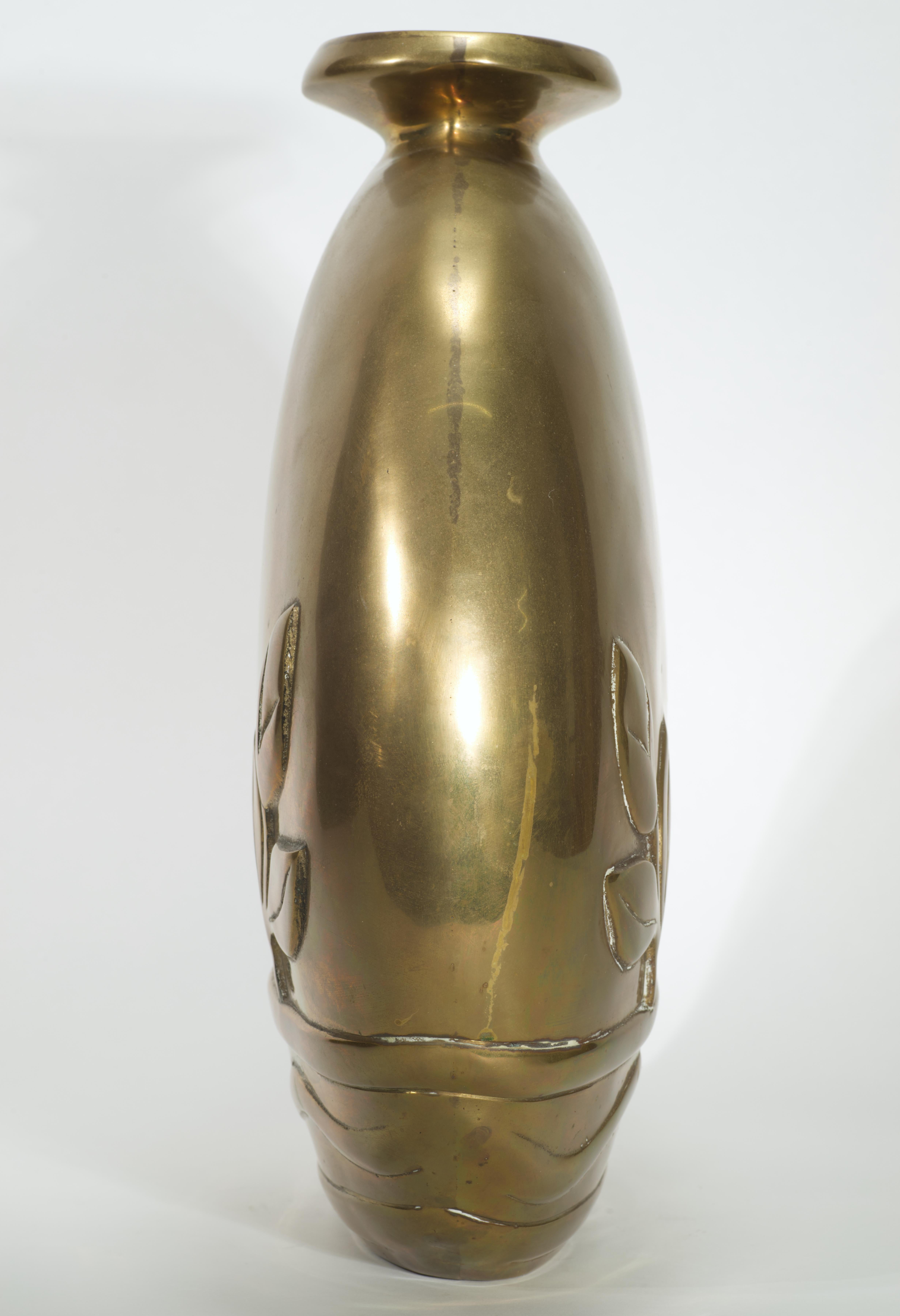 Dolbi Cashier Large Art Deco Brass Vase with Floral Decor, 1980 For Sale 3