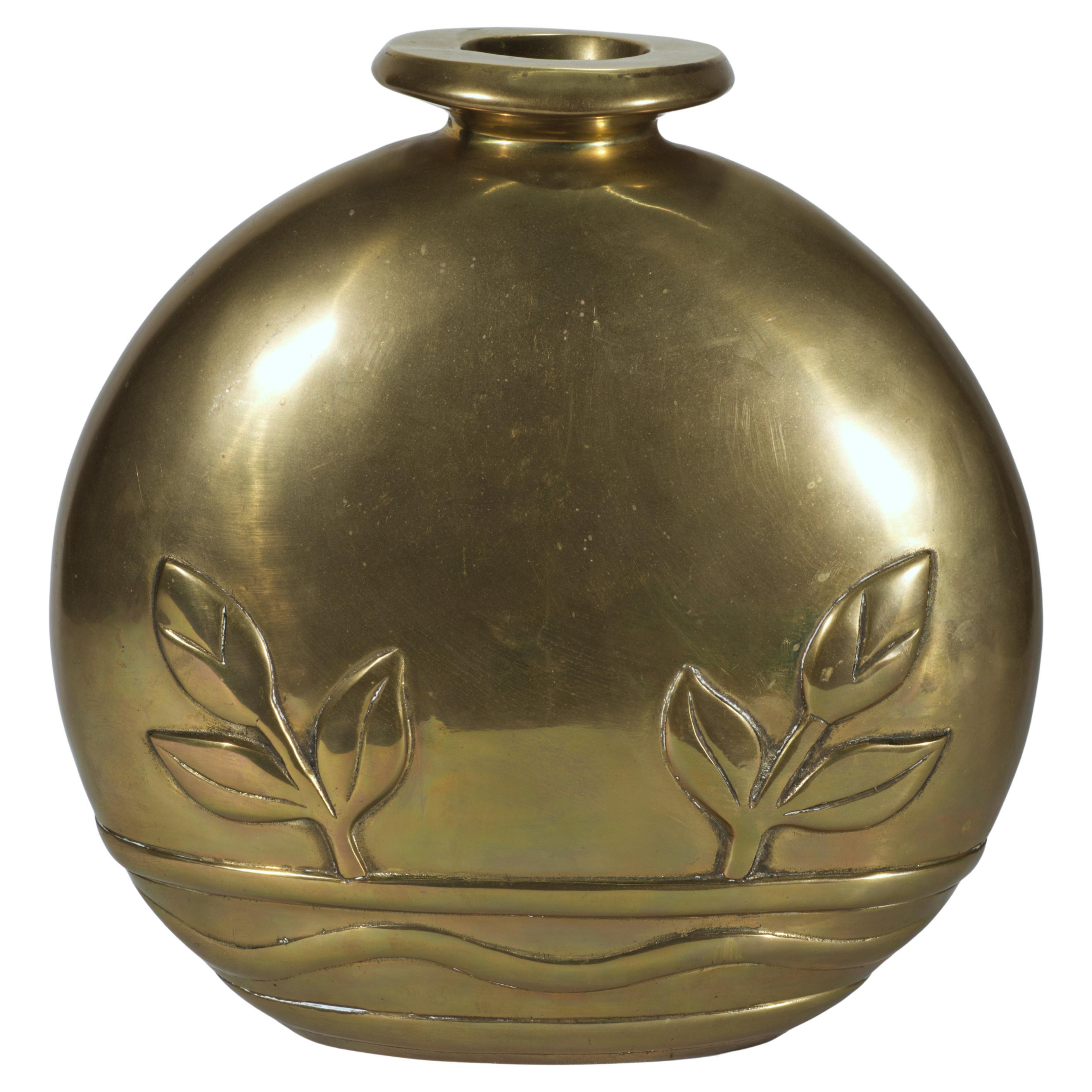 Dolbi Cashier Large Art Deco Brass Vase with Floral Decor, 1980