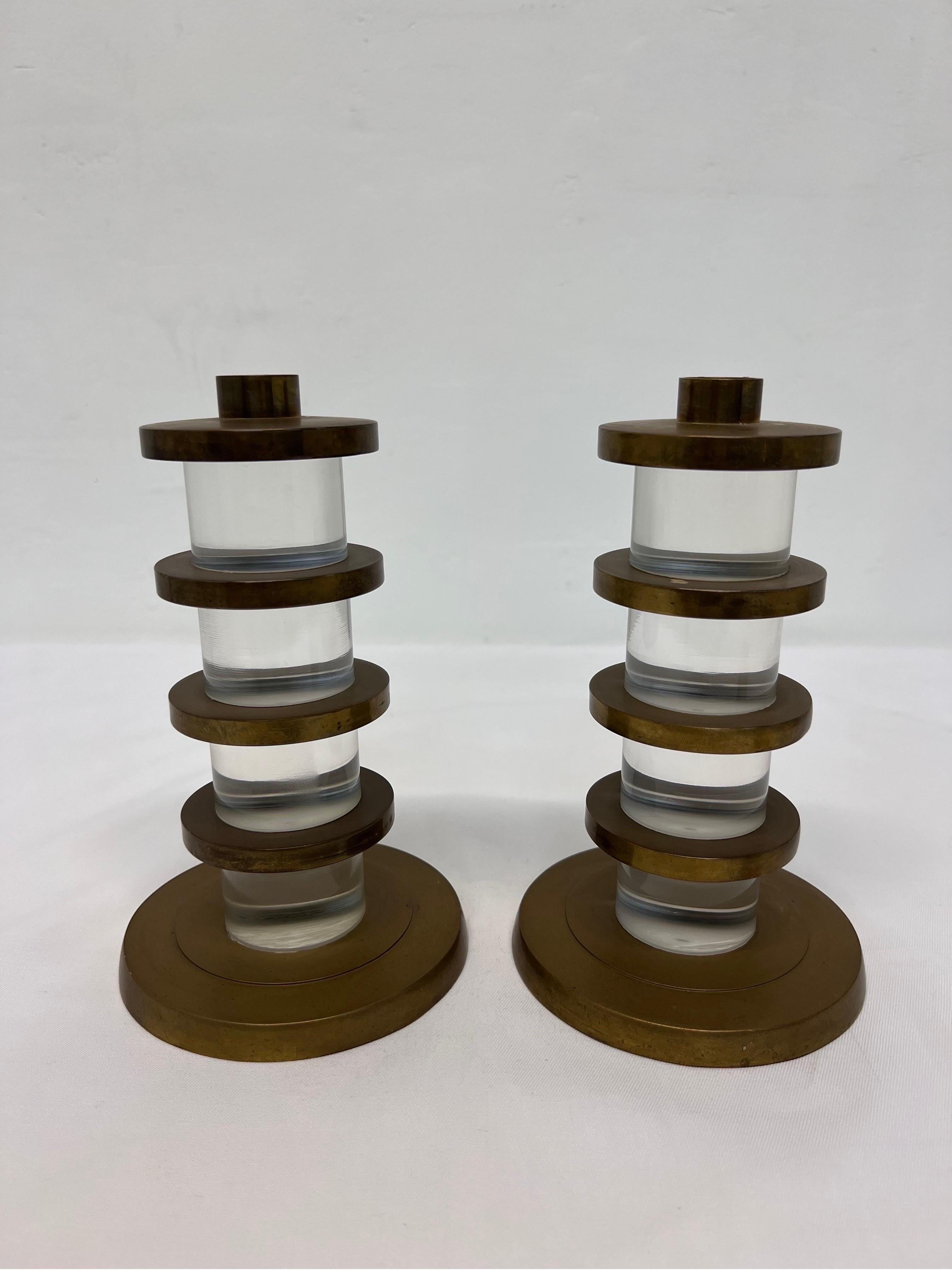 Art Deco Dolbi Cashier Lucite and Brass Candle Holders, 1987, a Pair For Sale