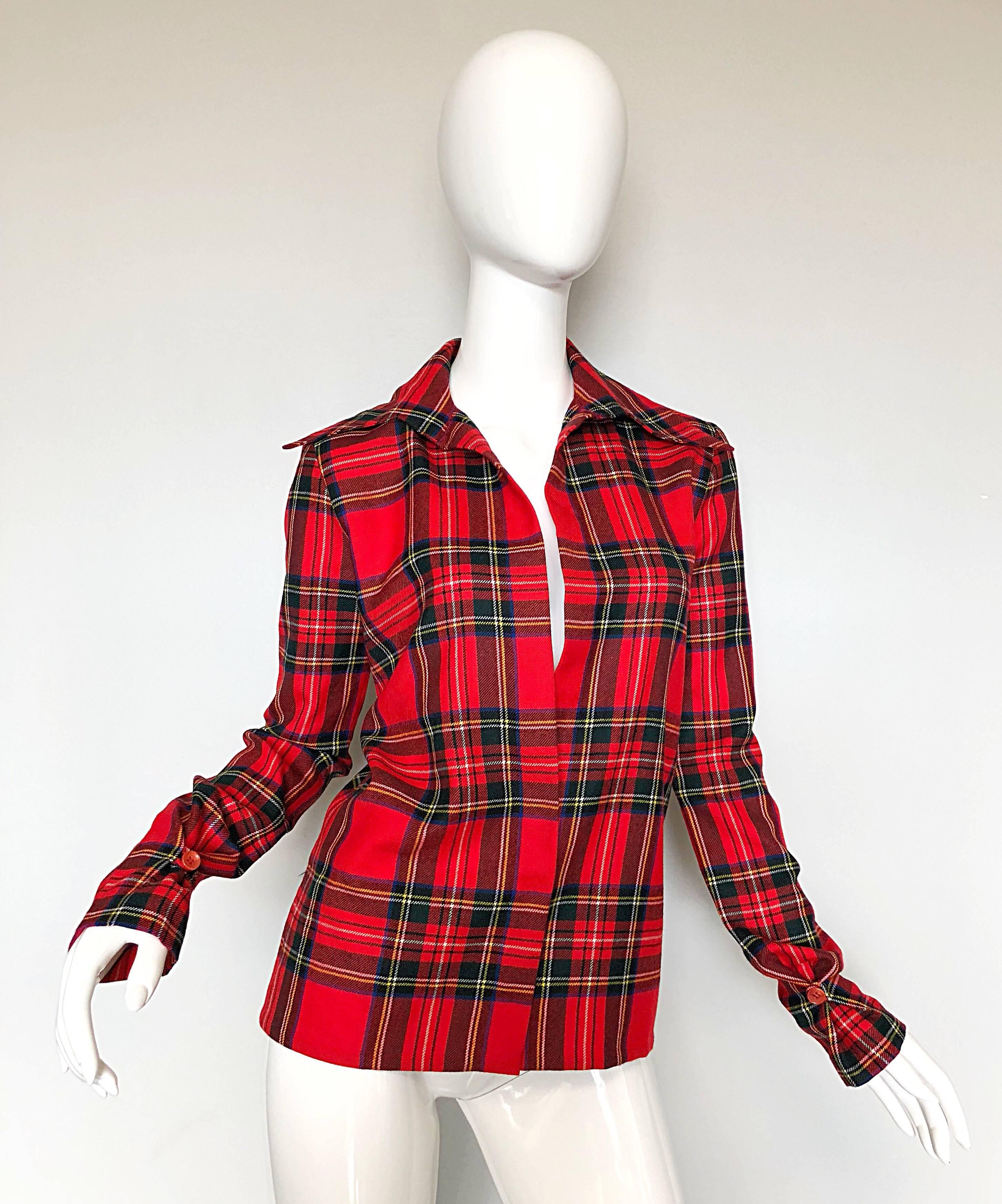 Sleek vintage DOLCE AND GABBANA red tartan plaid plunging virgin wool long sleeve blouse! Button closure at the bottom, and the buttons at each sleeve cuff cinch the sleeves. Stylish exaggerated collar. Great alone or with a camisole underneath. In