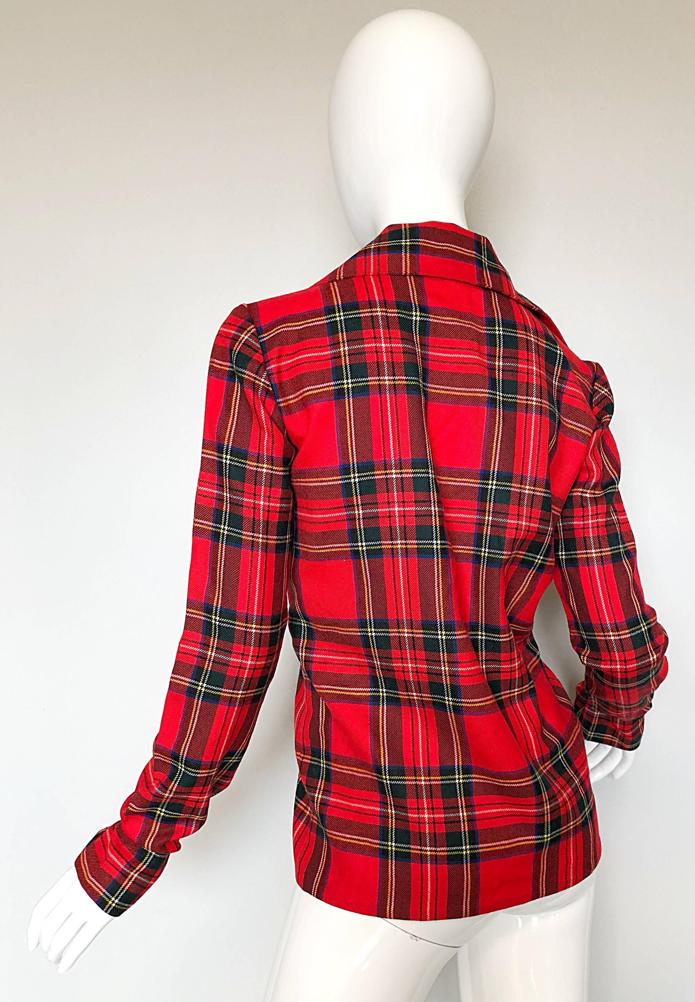 Dolce & Gabbana 1990s Red Tartan Plaid Virgin Wool 90s Plunging Flannel  Shirt