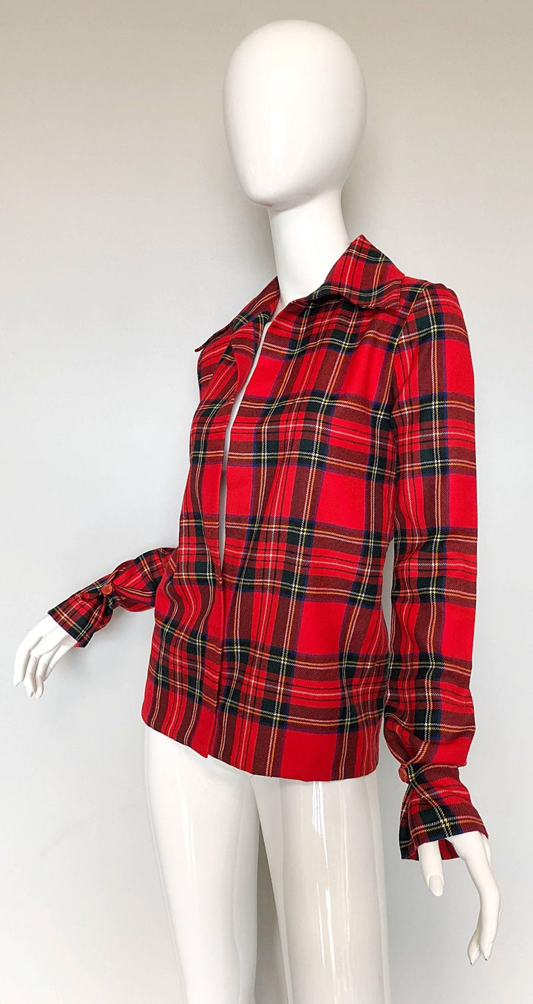 Dolce and Gabbana 1990s Red Tartan Plaid Virgin Wool 90s Plunging Flannel  Shirt For Sale at 1stDibs | red tartan blouse, 90s tartan fashion, red wool  shirt