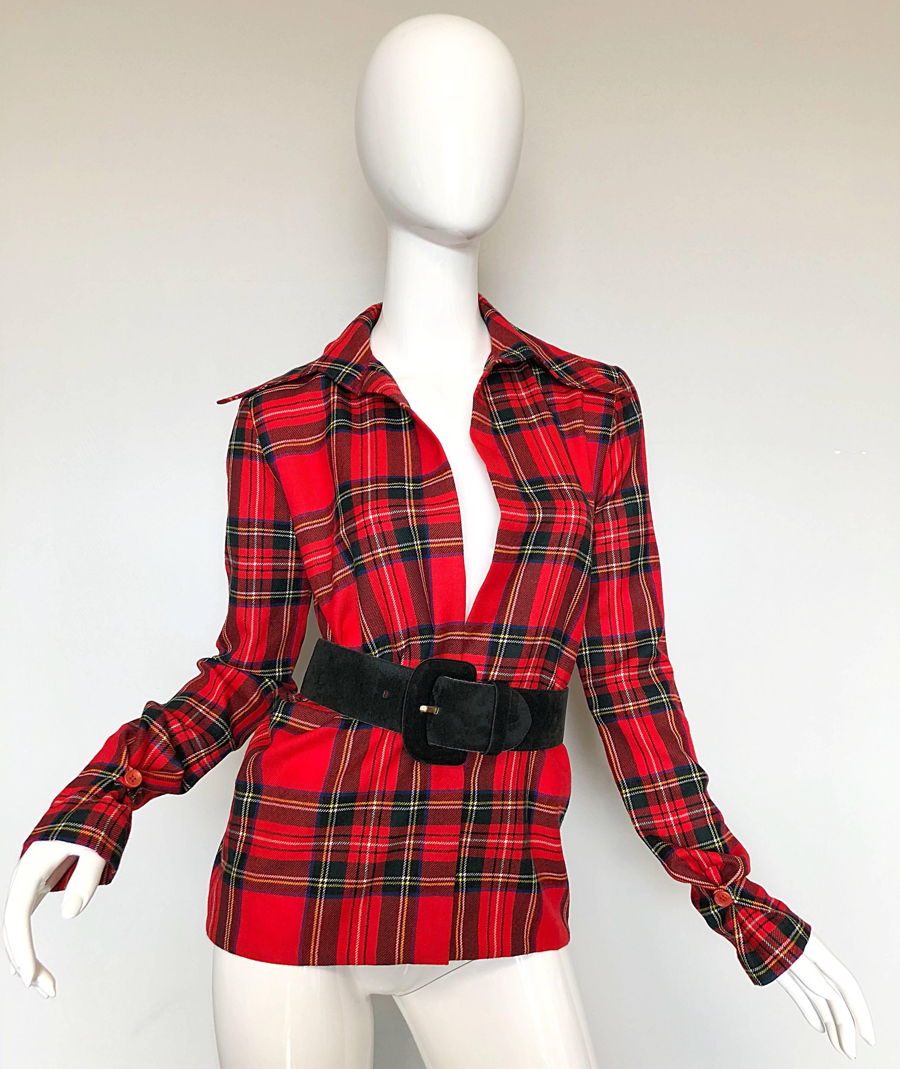 Dolce & Gabbana - Chemise en flanelle à carreaux rouges en laine vierge tartan des années 90 Pour femmes en vente