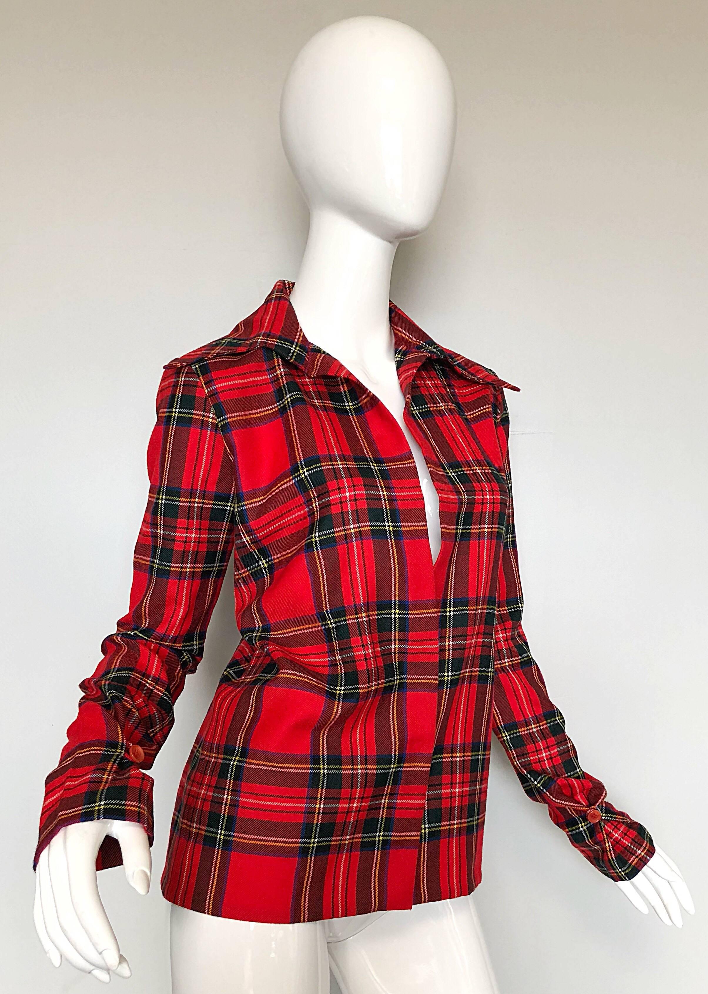 Dolce & Gabbana 1990s Red Tartan Plaid Virgin Wool 90s Plunging Flannel Shirt In Excellent Condition For Sale In San Diego, CA