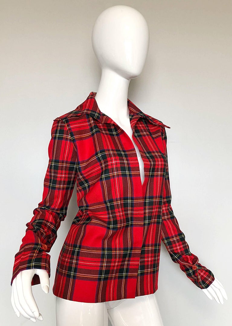 Dolce and Gabbana 1990s Red Tartan Plaid Virgin Wool 90s Plunging