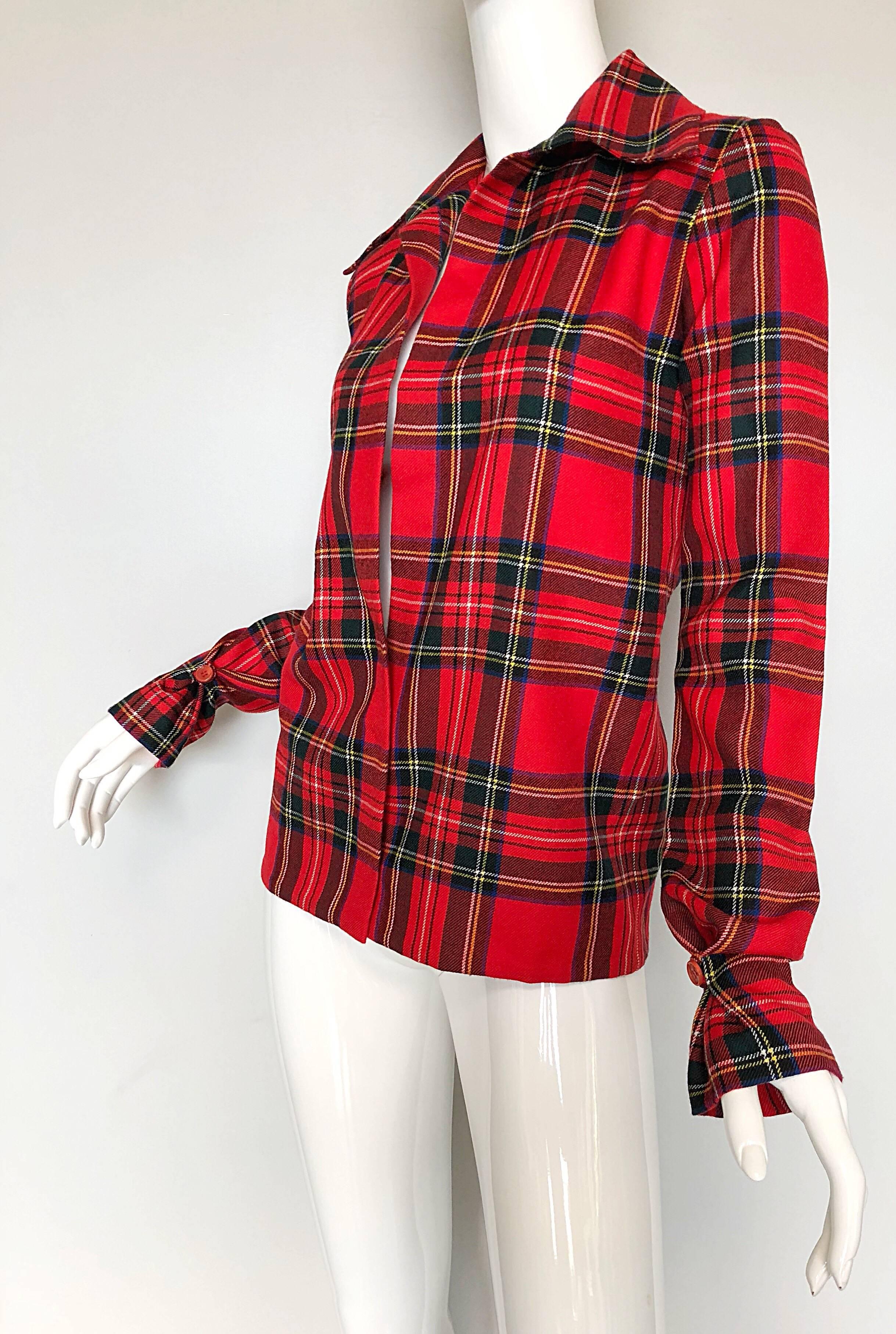 Women's Dolce & Gabbana 1990s Red Tartan Plaid Virgin Wool 90s Plunging Flannel Shirt