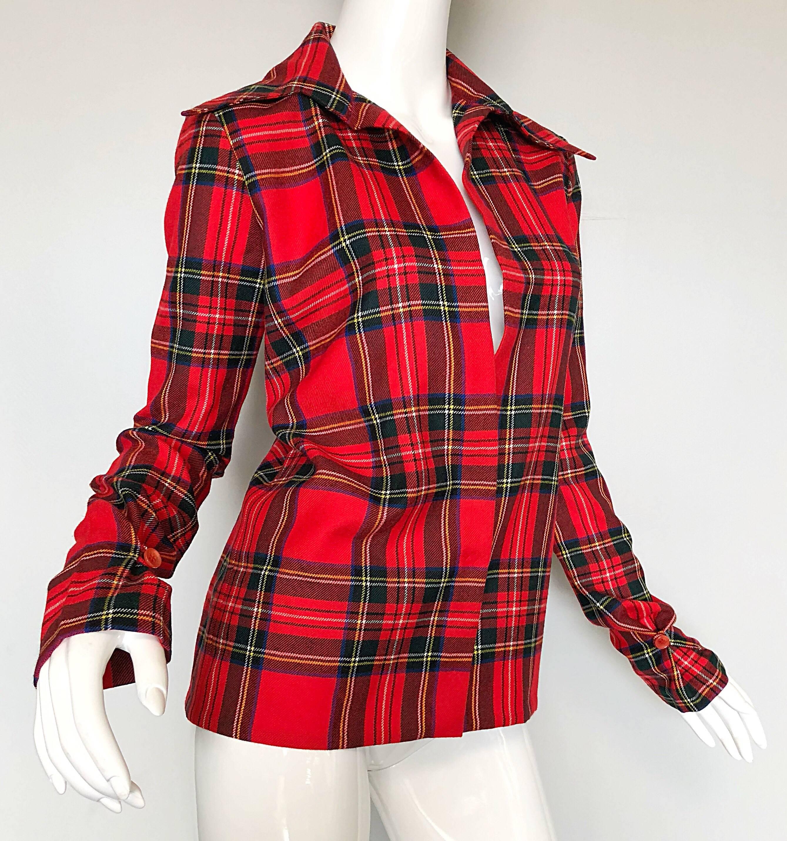 Dolce & Gabbana 1990s Red Tartan Plaid Virgin Wool 90s Plunging Flannel Shirt For Sale 1