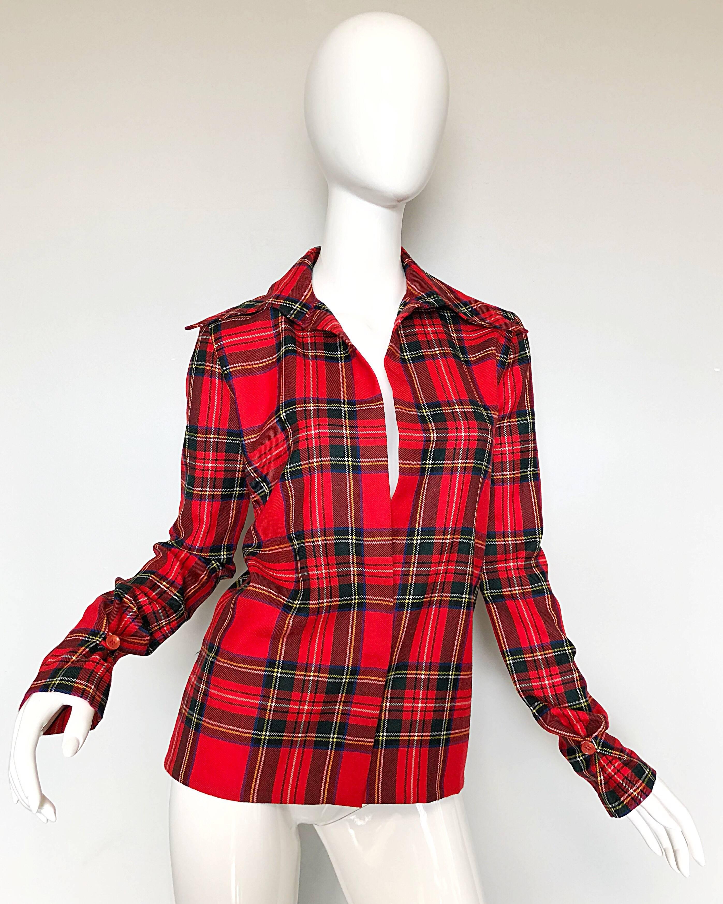 Dolce & Gabbana 1990s Red Tartan Plaid Virgin Wool 90s Plunging Flannel Shirt For Sale 2