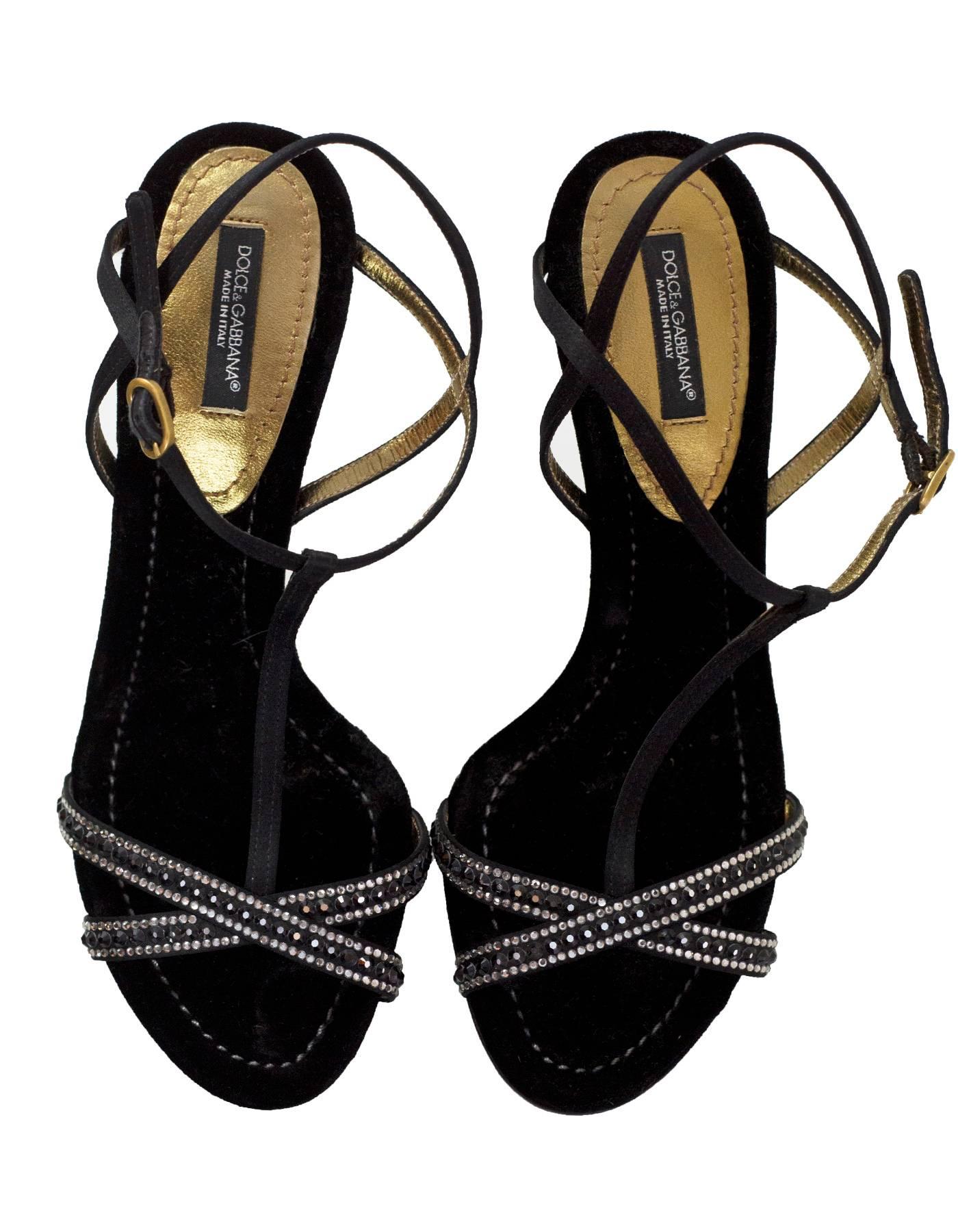 Dolce & Gabbana Black Crystal T-Strap Sandals Sz 36 In Excellent Condition In New York, NY