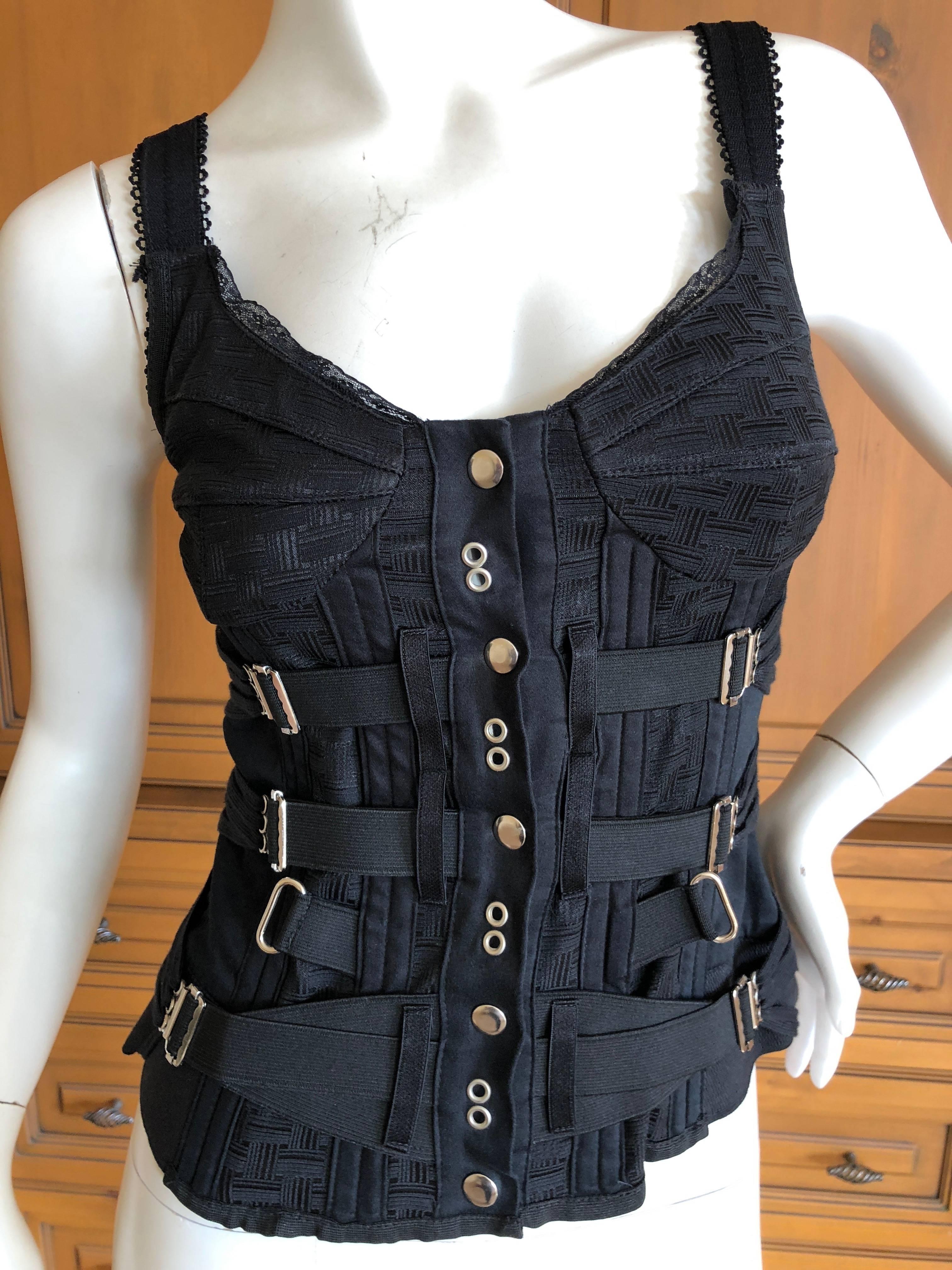 Dolce & Gabbana D&G Vintage Black Bondage Strap Bustier Top
There is  a lot of stretch, it snaps up the front.
Size 38
Bust 34