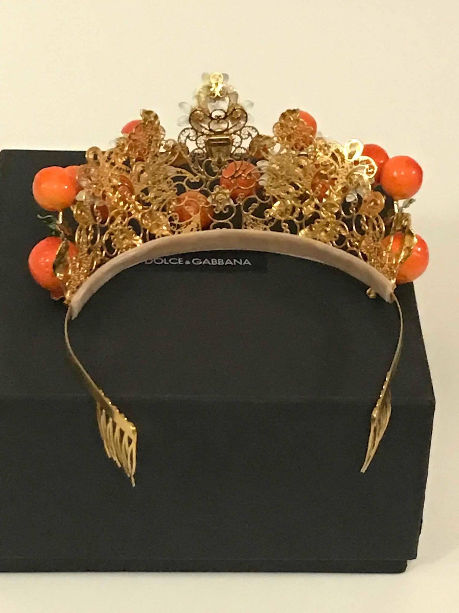 Dolce & Gabbana Gold Lattice Orange Flower Diadem Tiara Crown, Spring 2016 In New Condition In San Francisco, CA