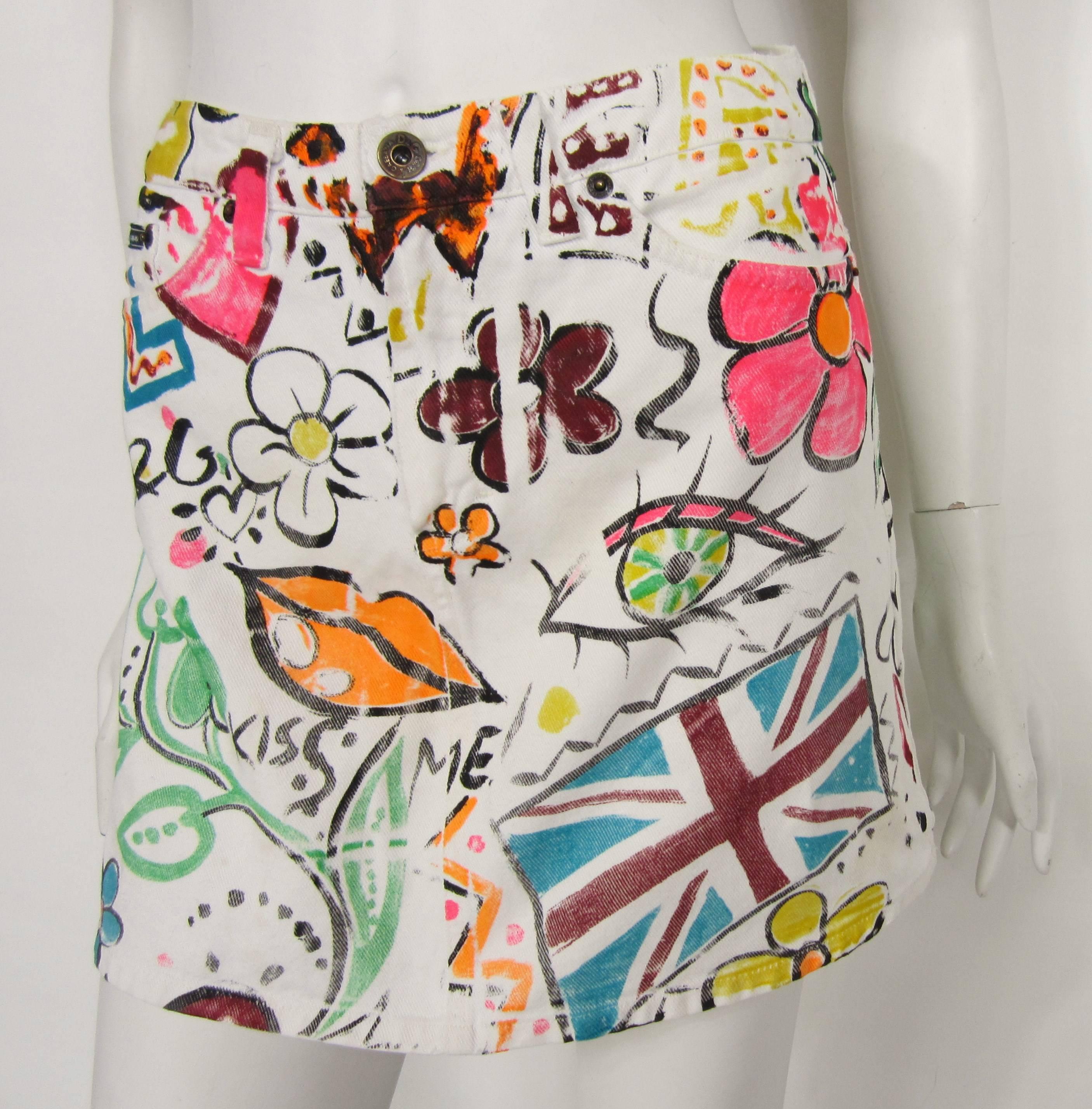 Gray Dolce & Gabbana Graffiti Paint White Denim Skirt