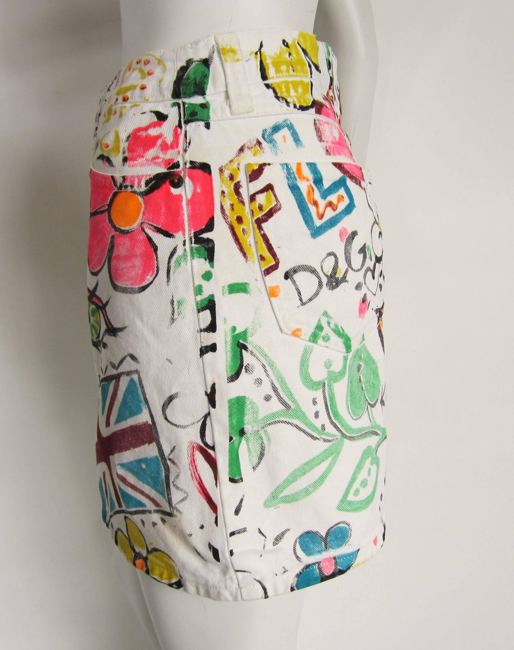 Women's Dolce & Gabbana Graffiti Paint White Denim Skirt