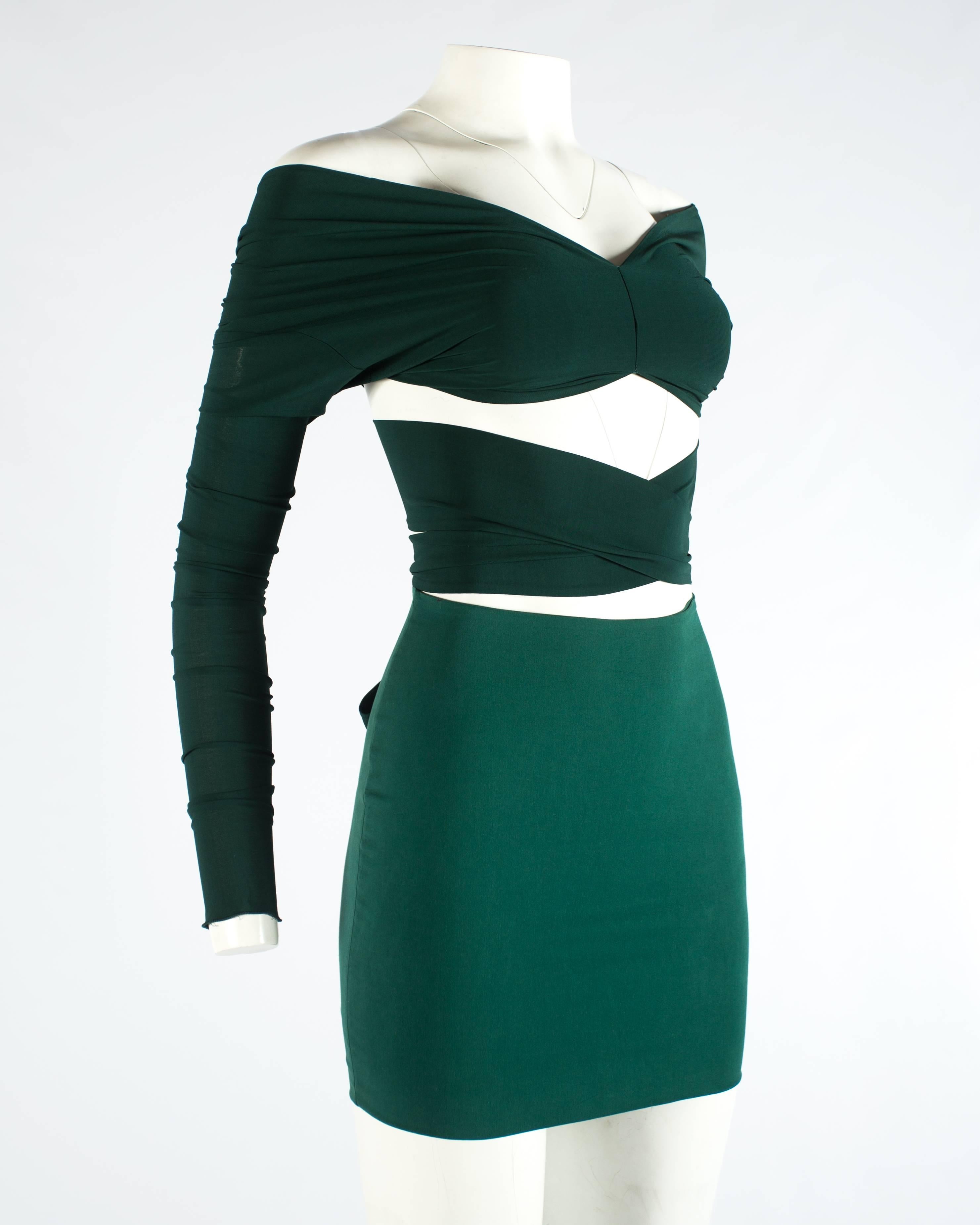 Black Dolce & Gabbana green viscose skirt and wrap blouse ensemble, ss 1991