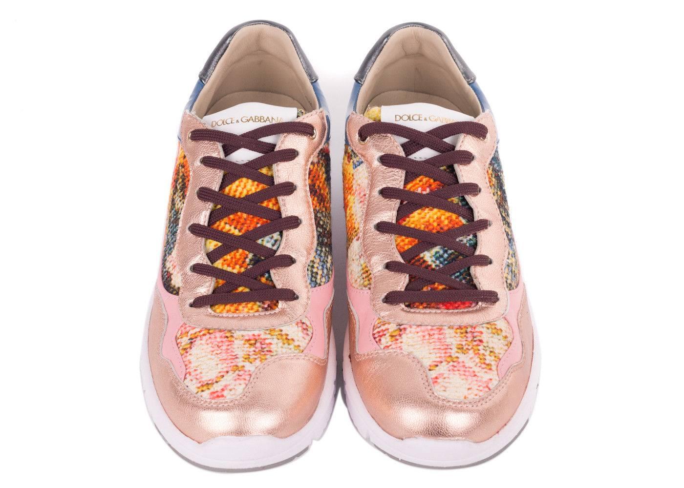 Dolce & Gabbana's Multicolored Sneaker will be the gem of the party. This sneaker features multicolored jacquared fabric, rose gold/gunmetal leather panelling, and blue patent leather trim. This sneaker can be paired with blue denim jeans and a a