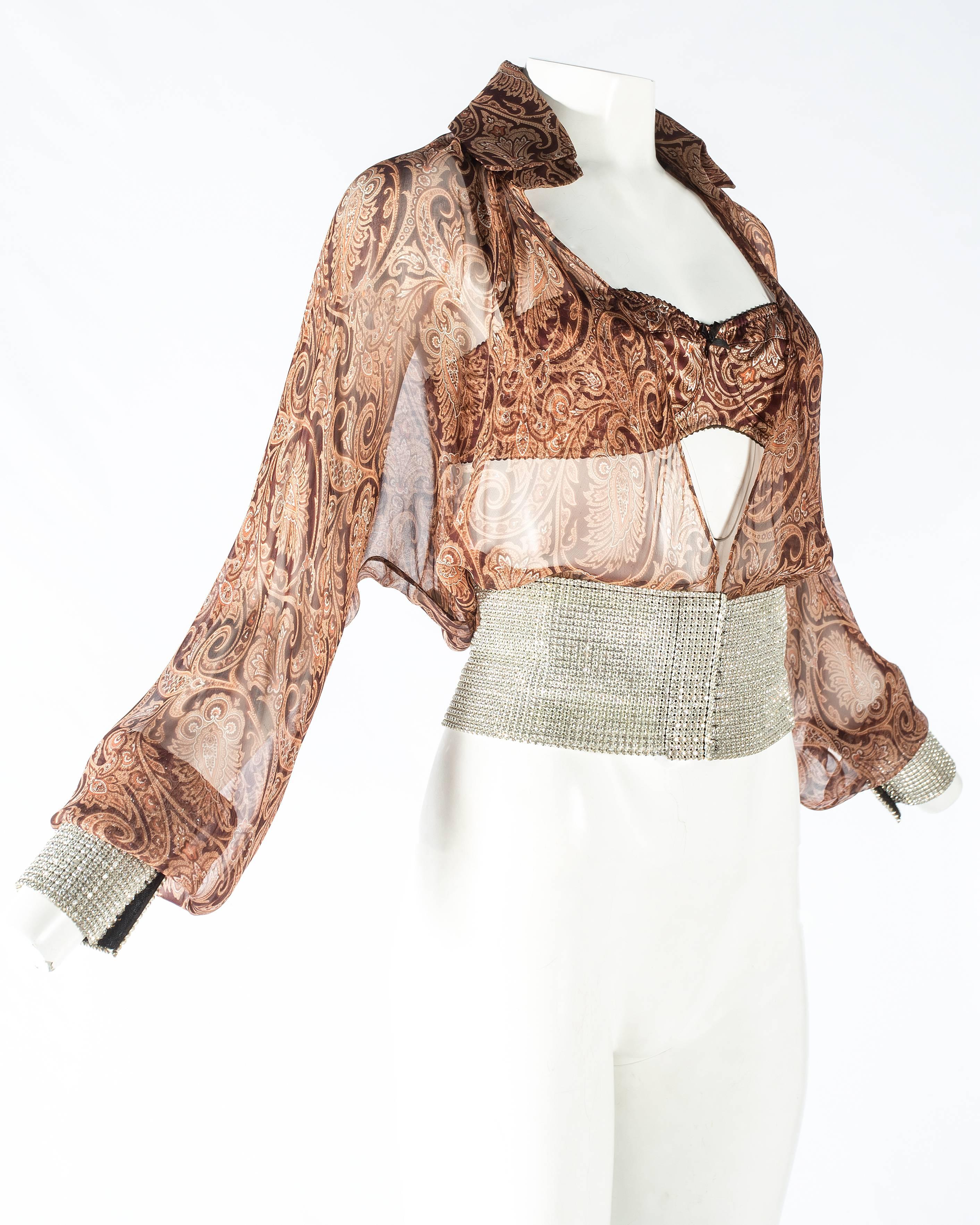Beige Dolce & Gabbana paisley chiffon blouse and bra with rhinestone mesh, S / S 2000