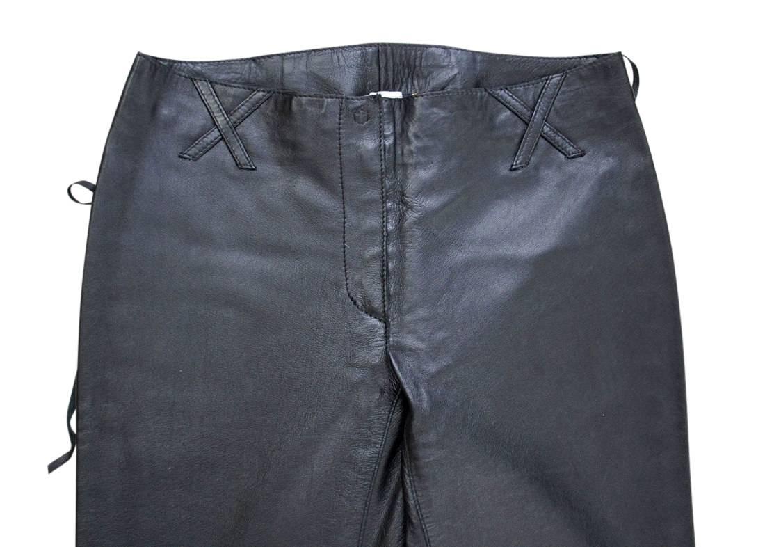 Dolce & Gabbana Leather Pant Black Bell Bottom Faux Lace Up Leg 40 / 6  In New Condition In Miami, FL
