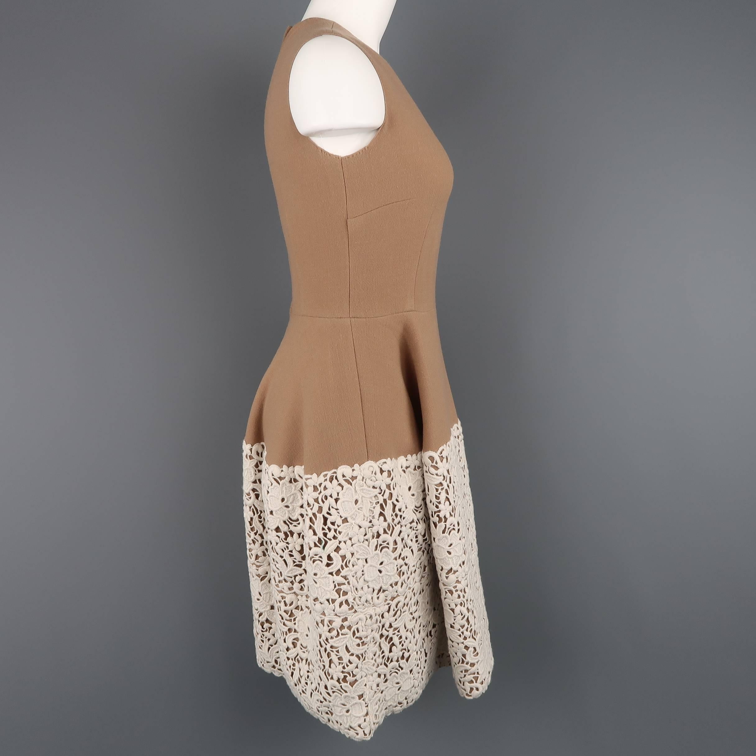 DOLCE & GABBANA Size 6 Camel Stretch Wool Cream Lace Skirt Cocktail Dress In Good Condition In San Francisco, CA