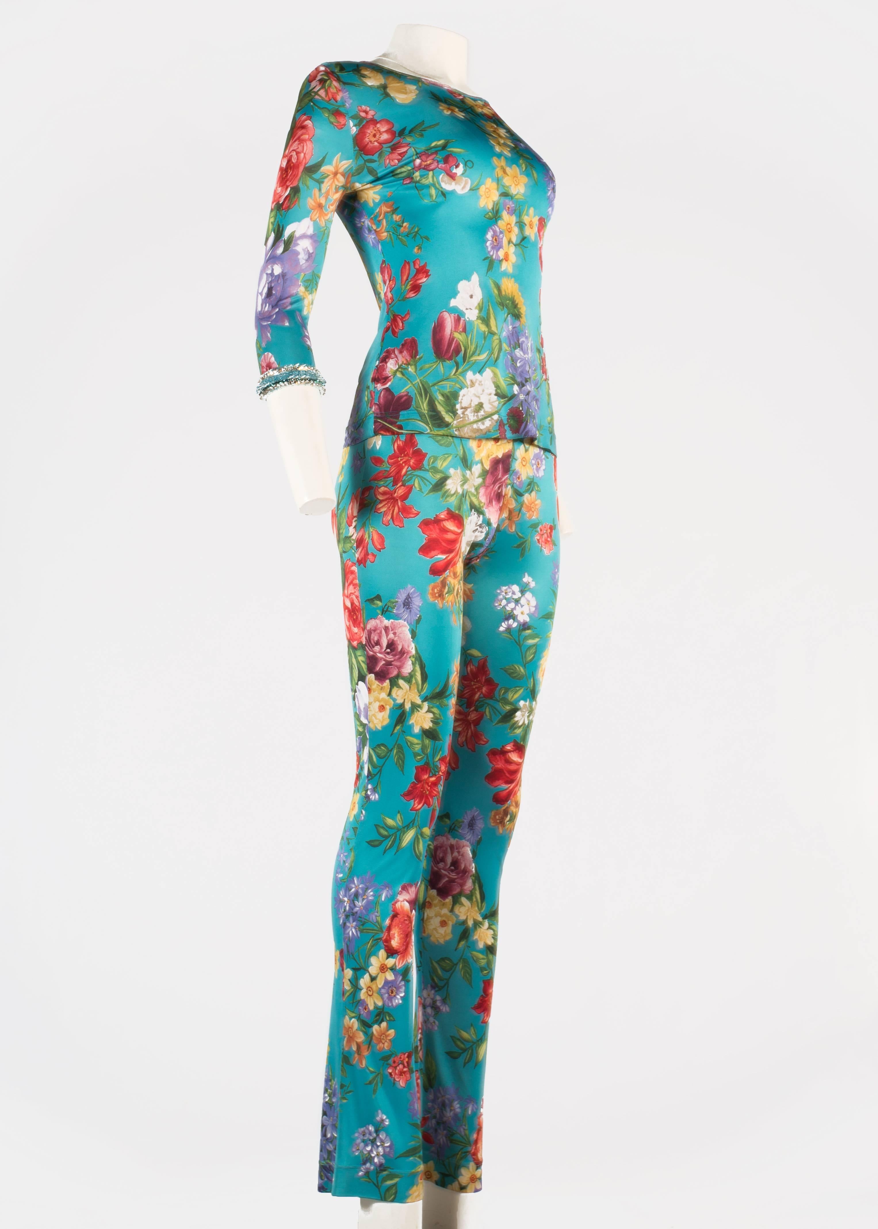 Dolce & Gabbana viscose jersey turquoise floral pant suit with embellished cuffs

c. 1996-1999
