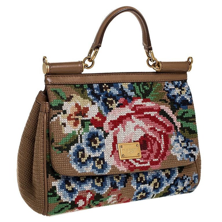 Dolce And Gabanna Brown Fabric Cross Stitch Medium Miss Sicily Top Handle  Bag at 1stDibs