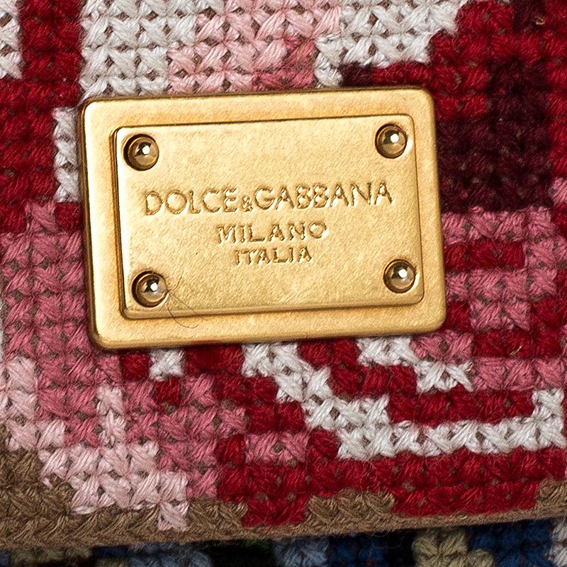 Women's Dolce And Gabanna Brown Fabric Cross Stitch Medium Miss Sicily Top Handle Bag