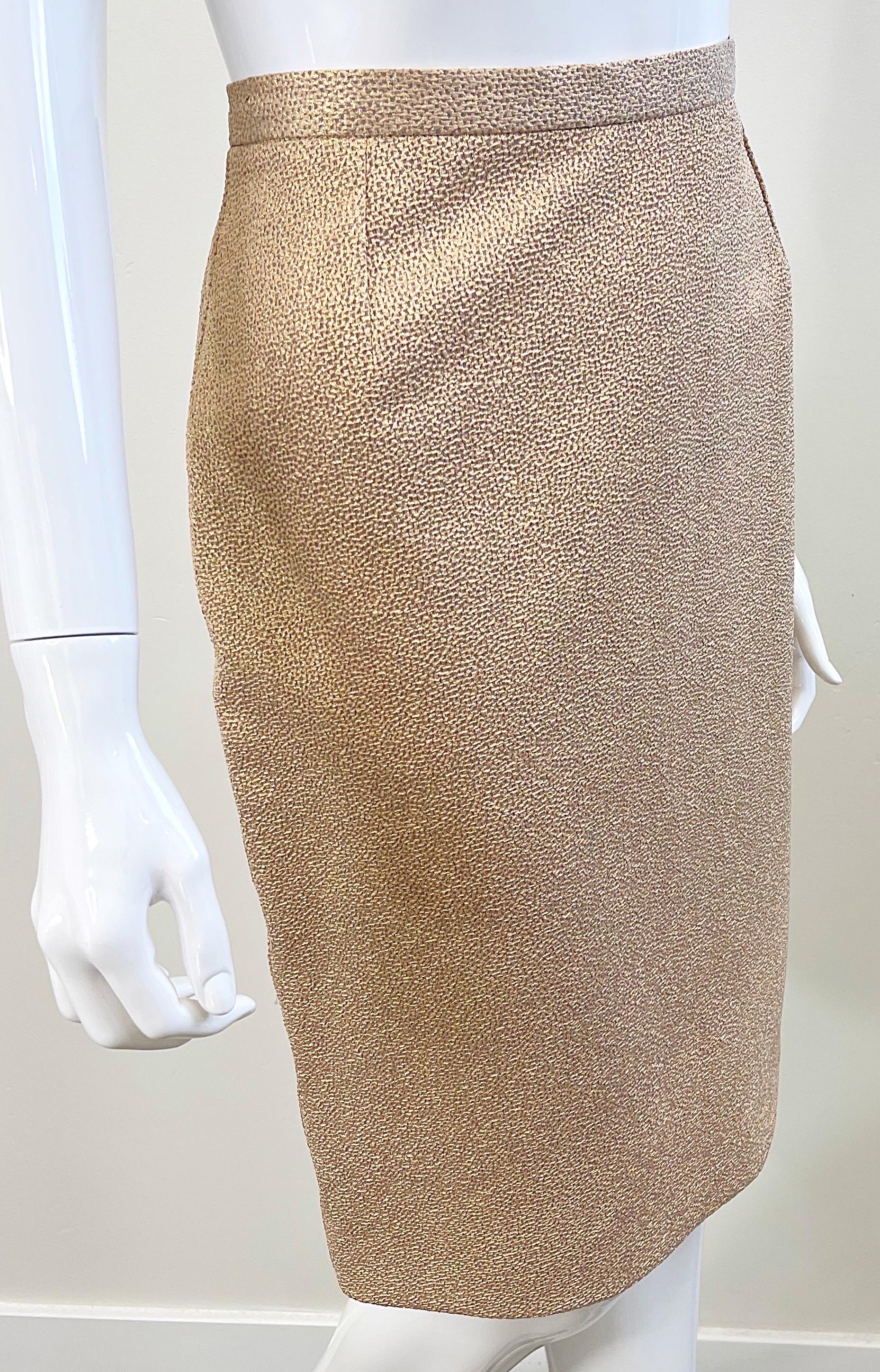 Dolce and Gabanna Size 44 / 8 2000s Y2K Gold Metallic High Waisted Pencil Skirt For Sale 3